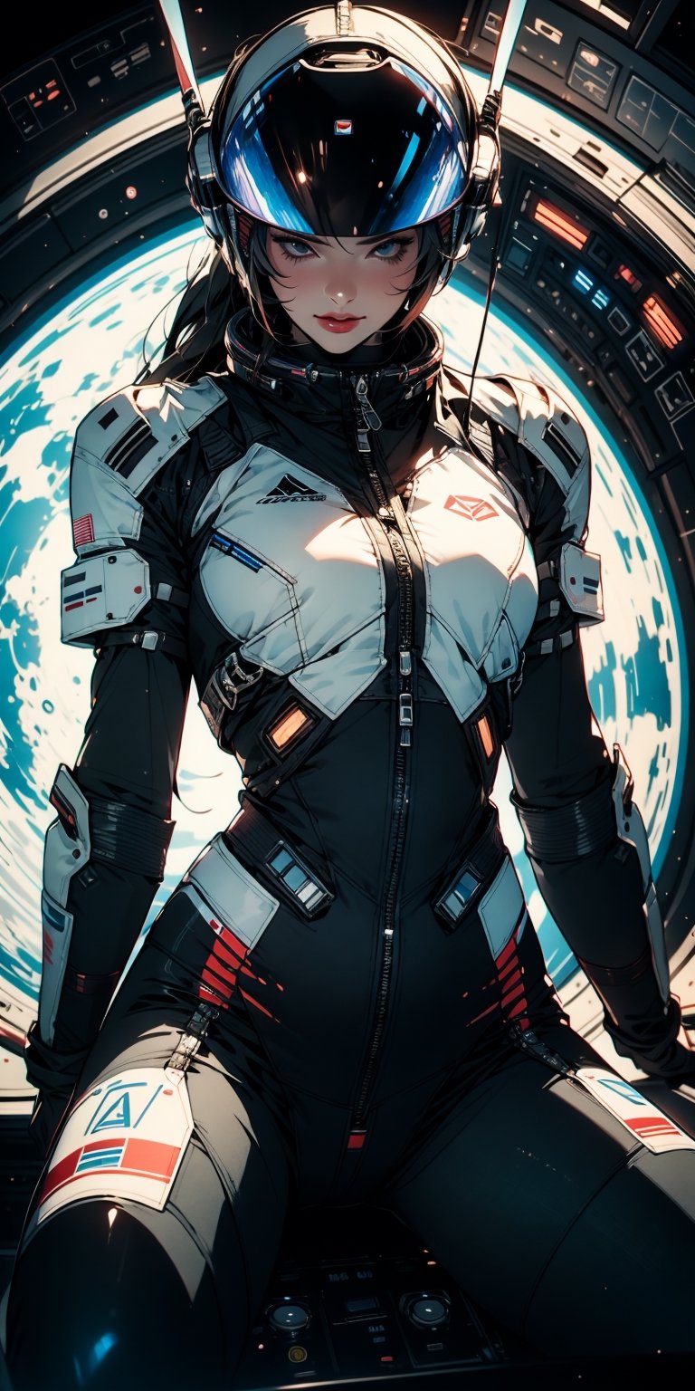 Adult female space fighter pilot in spacecraft cockpit in mega-detail suit,  she grabbed the pilot stick control,  sat dow...