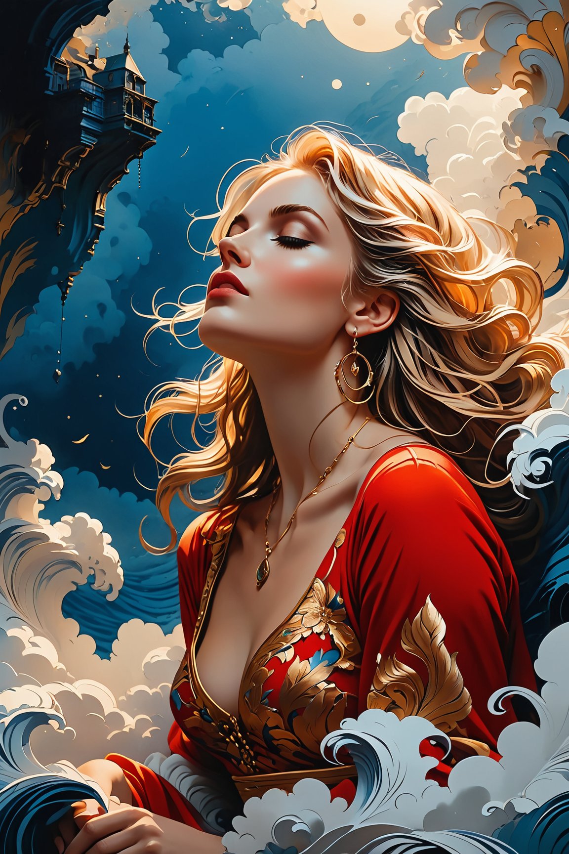 (masterpiece, best quality:1.4), stacked papercut art of in the depths of a mysterious blue abyss, a woman with striking tattoos sprawls across a floating cloud. she is adorned in a vibrant red and gold dress that contrasts against her black and white tattoos. her long blonde hair cascades down her back as she reclines on the cloud, seemingly lost in thought. beside her, an old, worn chest lies closed, its secrets locked away for eternity. the chest bears an inscription that reads: "once bound, now free." this phrase seems to capture the essence of this enigmatic scene a symbol of both constraint and liberation. a face, partially hidden behind a veil, appears in the background. it watches the woman with curiosity and fascination. its presence adds an element of intrigue, hinting at deeper stories and hidden meanings within this captivating tableau. the entire scene is shrouded in a hazy mist, giving it an ethereal quality that enhances its allure. despite the confinement of the cloud, the woman radiates an aura of  and strength, as if she has overcome whatever once bound her. the scene is a testament to resilience and the human spirit's capacity to transcend limitations. . 3d, layered, dimensional, depth, precision cut, stacked layers, papercut, high contrast