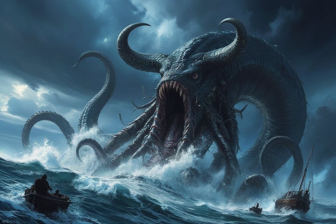 Masterpiece, professional, award-winning, intricate details, ultra high detailed, 64k, dramatic light, volumetric light, Legendary, horned kraken emerging from the depths of a stormy sea, high-quality, mythical creature, supernatural being, menacing, maritime, tentacles, mythical beast, tumultuous waters:0.9, shipwreck, colossal size, swirling tempest, seafaring legends, formidable presence, nautical chaos, 8k,ek_art_b00ster,anime,illustrated,