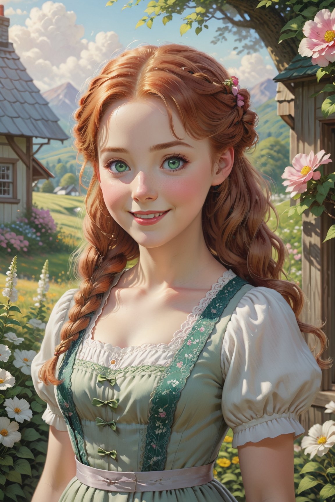 full body portrait of ((Anne from Green Gables)), (styled in Japanese animation, highly detailed:1.4), (highly detailed face:1.8), detailed and captivating smile, vibrant red hair and expressive green eyes, Side braid, vintage-style dress, standing amidst a picturesque garden, surrounded by blooming flowers and lush greenery, soft sunlight casting a warm glow on her face and illuminating her delicate features, a sense of nostalgia and innocence in the air, a small cottage in the background, painted in pastel hues, reminiscent of a bygone era, medium: oil painting, detailed brushstrokes adding depth and realism, (best quality, highres), ultra-detailed, (photorealistic:1.37), vivid colors, dreamy and whimsical artistic style, (slim body, small breasts, small hips:1.5), (soft cinematic lighting, volumetric shadows),