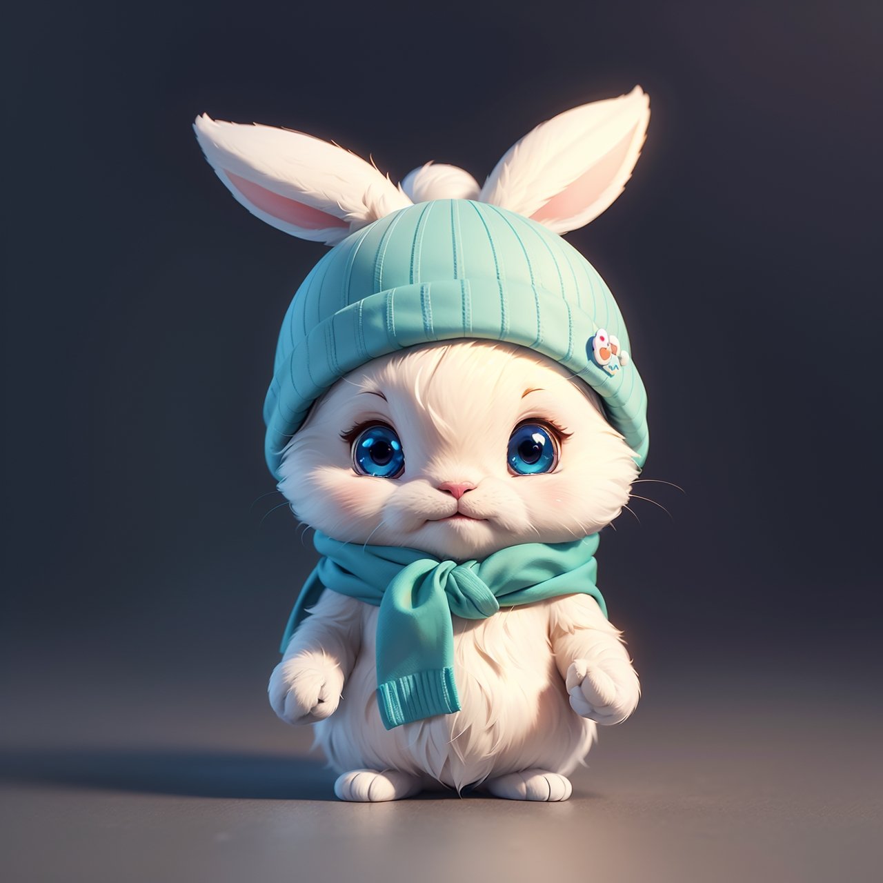 There is a white rabbit wearing a blue hat and a blue scarf,  no_humans,  lovely digital painting by miramura101 on Tensor...