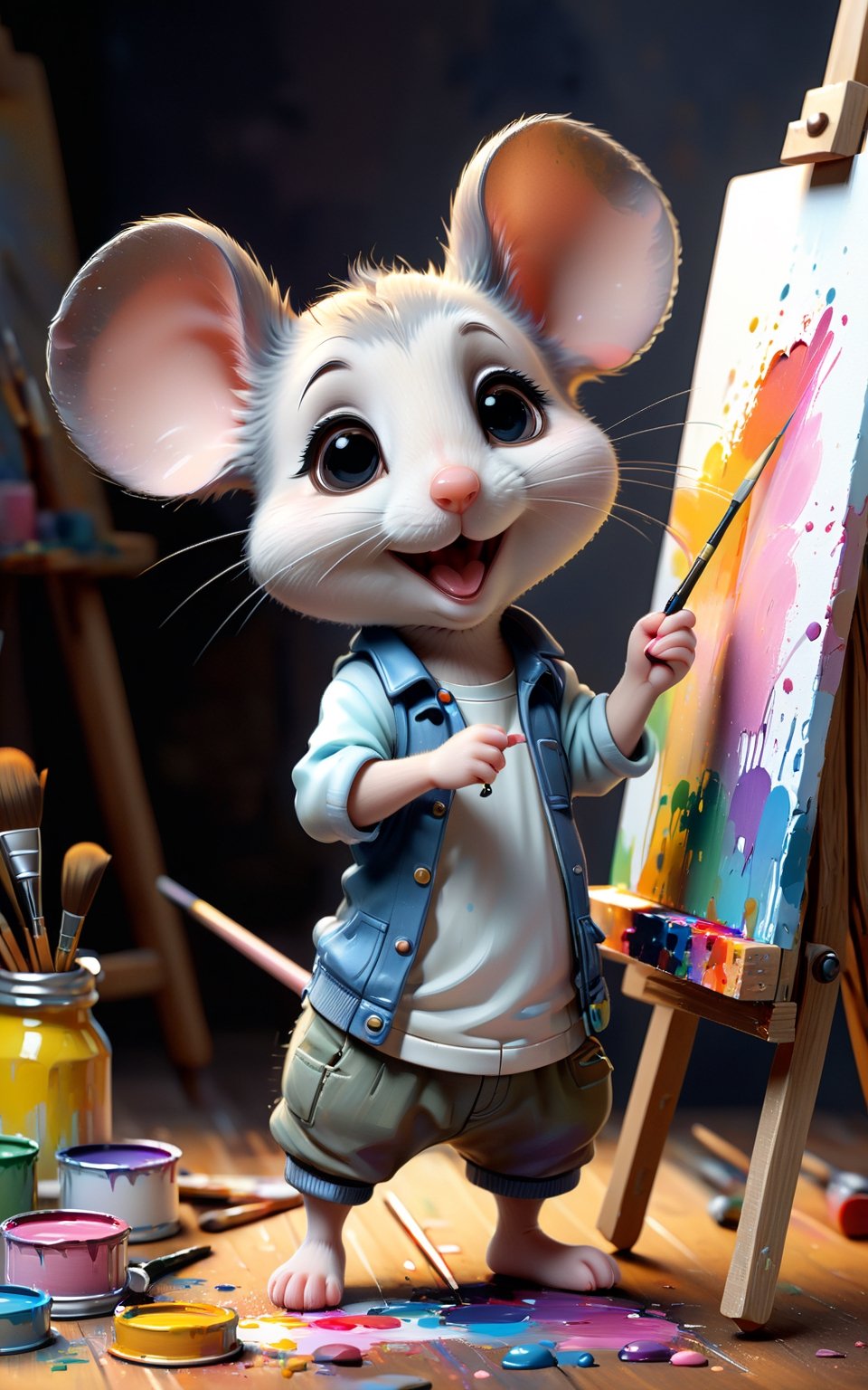 "A little mouse looking very cute. Mouse is working as an artist. Wearing typical clothes like a painter. Mouse looks very...