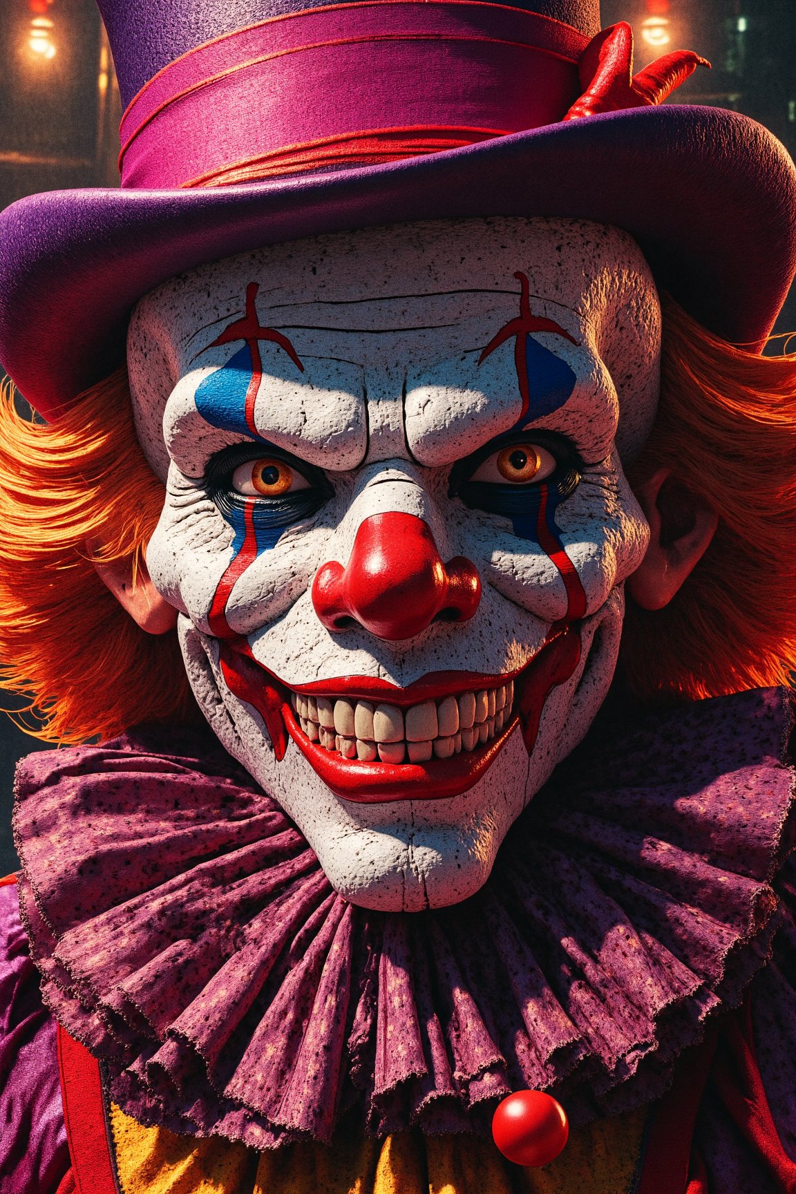 Masterpiece, professional, award-winning, intricate details, ultra high detailed, 64k, dramatic light, volumetric light, create an image of a Clown mask donning a top hat and bow tie, an intriguing portrait of a skull clown adorned with colorful paint and a fancy hat, the vibrant world of cutecore clowncore bursting with life and whimsy, Joker's ominous grinning skull face, a chilling skull clown encircled by the enchanting atmosphere of a circus, terrifyingly realistic scary clowns that haunt our nightmares, an exquisite portrait death clown with a twisted expression, the mesmerizing clown face, a highly detailed 4k digital art masterpiece of a skull clown, the upside-down world of clown world, photorealistic, 8k, realistic shadows. Showcasing incredible texture and detail. Rendered in high-quality, super-detailed textures. Meticulously illustrated. Adds ominous atmosphere in the image, 8k,