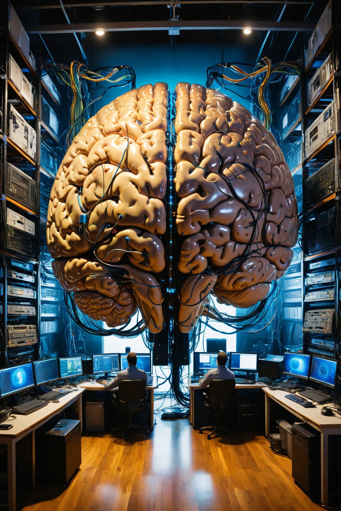 (masterpiece, best quality:1.4), In the center of the room, a colossal human brain is intricately connected to advanced computers housed in the surrounding racks by millions of wires. This extraordinary Brain possesses two eyes that fixate upon us with astonishing precision, captured in a painting with unparalleled detail and resolution at K, there are two scientists who are examining the Brain,more detail XL