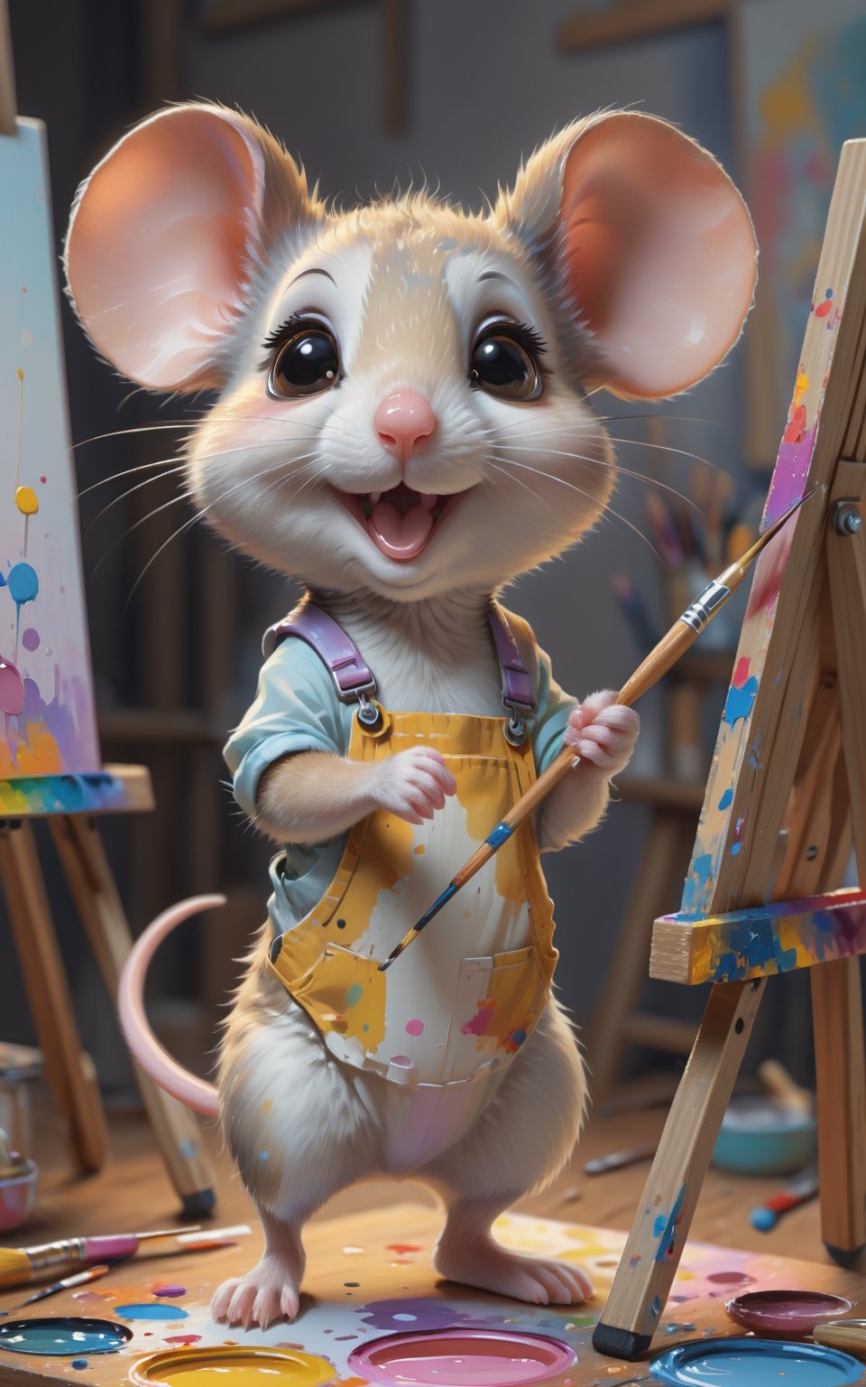 "A little mouse looking very cute. Mouse is working as an artist. Wearing typical clothes like a painter. Mouse looks very...