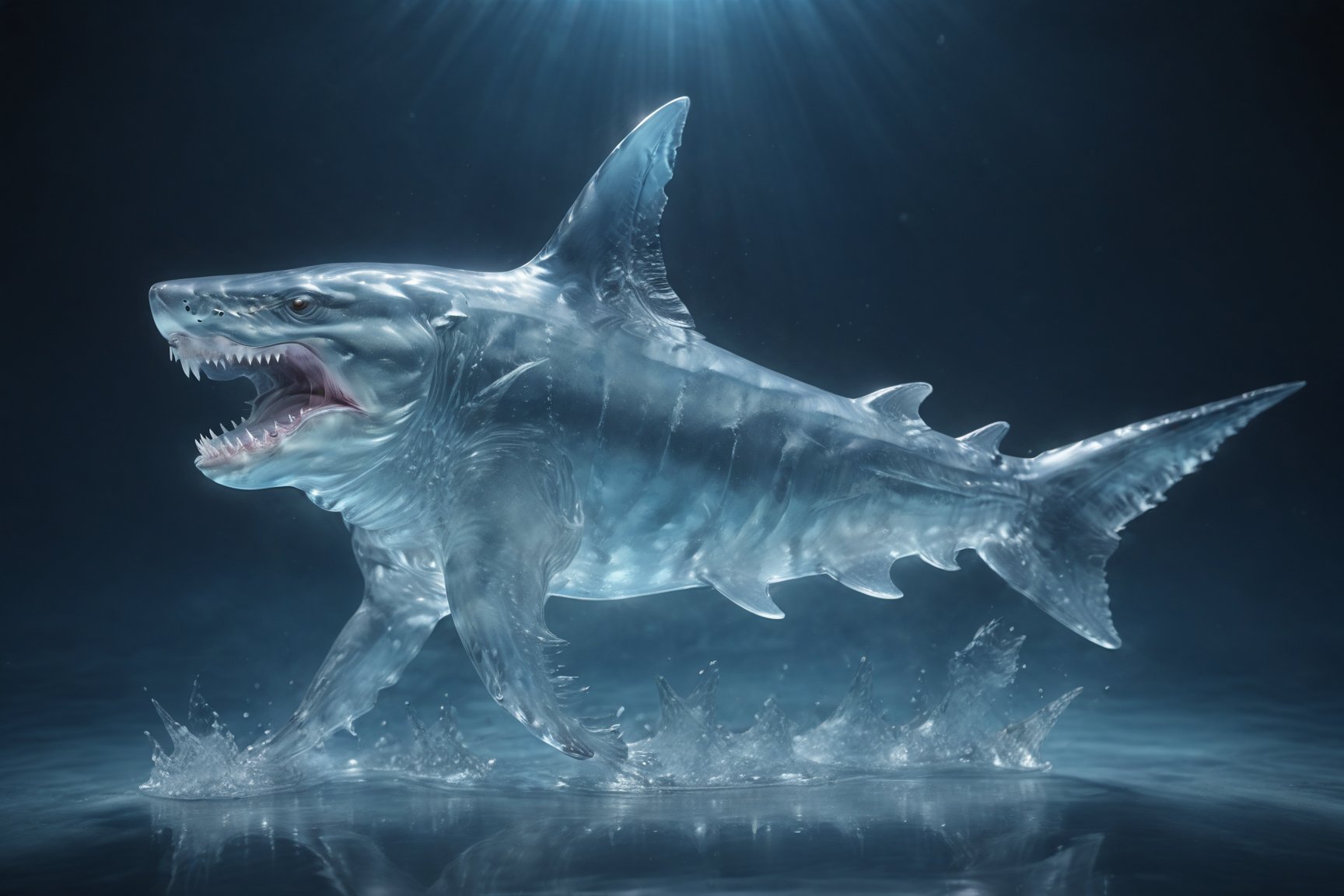 photo of a Great White Shark, a Shark (made_of_ice:1.3), in a water, modelshoot style, photo of the most beautiful artwork in the world, High Detail, Sharp focus,in the middle, full body, (closeup), best quality, glass art, magical holographic glow,xray