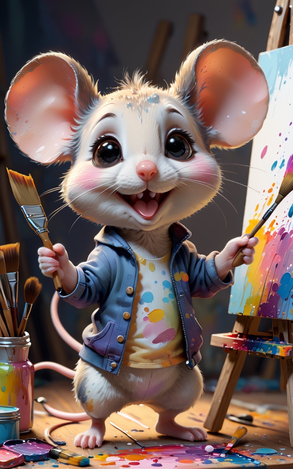 "A little mouse looking very cute. Mouse is working as an artist. Wearing typical clothes like a painter. Mouse looks very...
