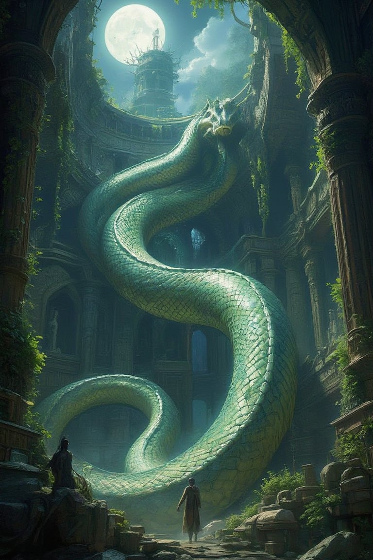 Masterpiece, professional, award-winning, intricate details, ultra high detailed, 64k, dramatic light, volumetric light, Enigmatic, moonlit ruins with ancient giant snake and ethereal wisps, photorealistic, mystical, ancient civilization, mythical guardians, mysterious atmosphere, (enigmatic beauty:1.3), overgrown vines, lost history, whispered echoes, hidden knowledge, time-worn stones, mystical remnants, 8k,ek_art_b00ster,anime,illustrated,Enhanced all,Fantasy detailers 