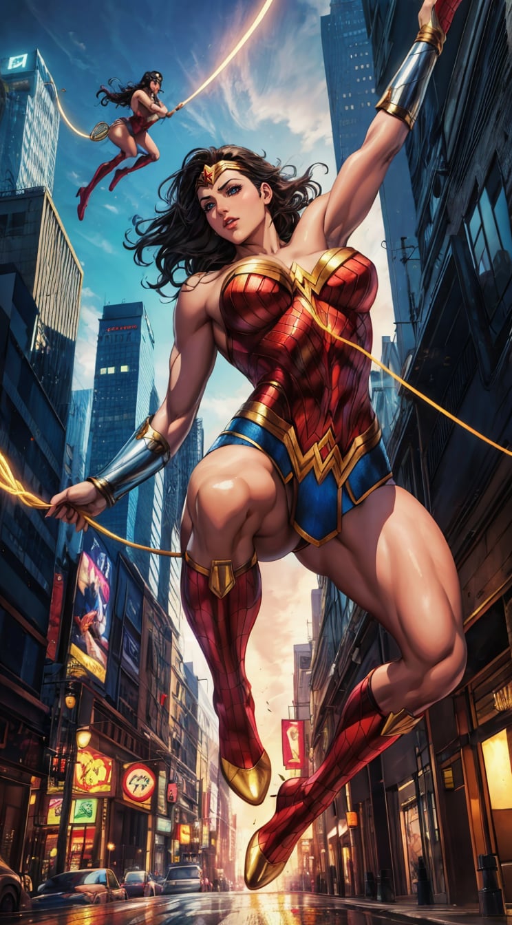 Generate a rough oil painting of Wonder Woman gracefully ((swinging through the gaps between skyscrapers)) (at night), ((flying)), using her ((Lasso of Truth)) like Spider-Man. The golden glow emanating from the Lasso of Truth illuminates the scene like fluorescent lights. Capture her in a dynamic and stylish pose, reminiscent of Frank Miller's Sin City style. (field of depths,boheh backdrop),wonder_woman,artgerm,semi-realistic,Anime,highres,masterpiece