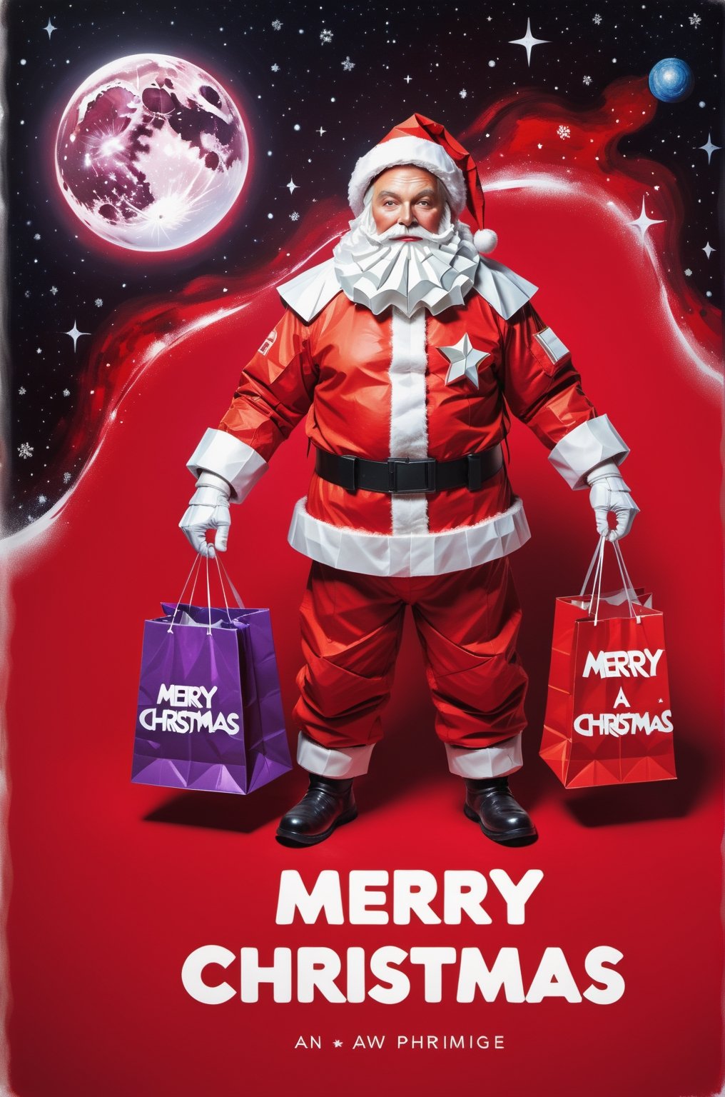 ("Merry Christmas" text logo: 1.3), Origami, dripping paint, ((Santa wearing red space-suits holding bags of presents)) venturing into outer space to deliver presents to Aliens, full body portrait, wide scale lens, Text, aw0k magnstyle, ((Masterpiece))), Best Quality, light red painting, starry skies, (White background: 1.1), detailmaster2,Movie Still