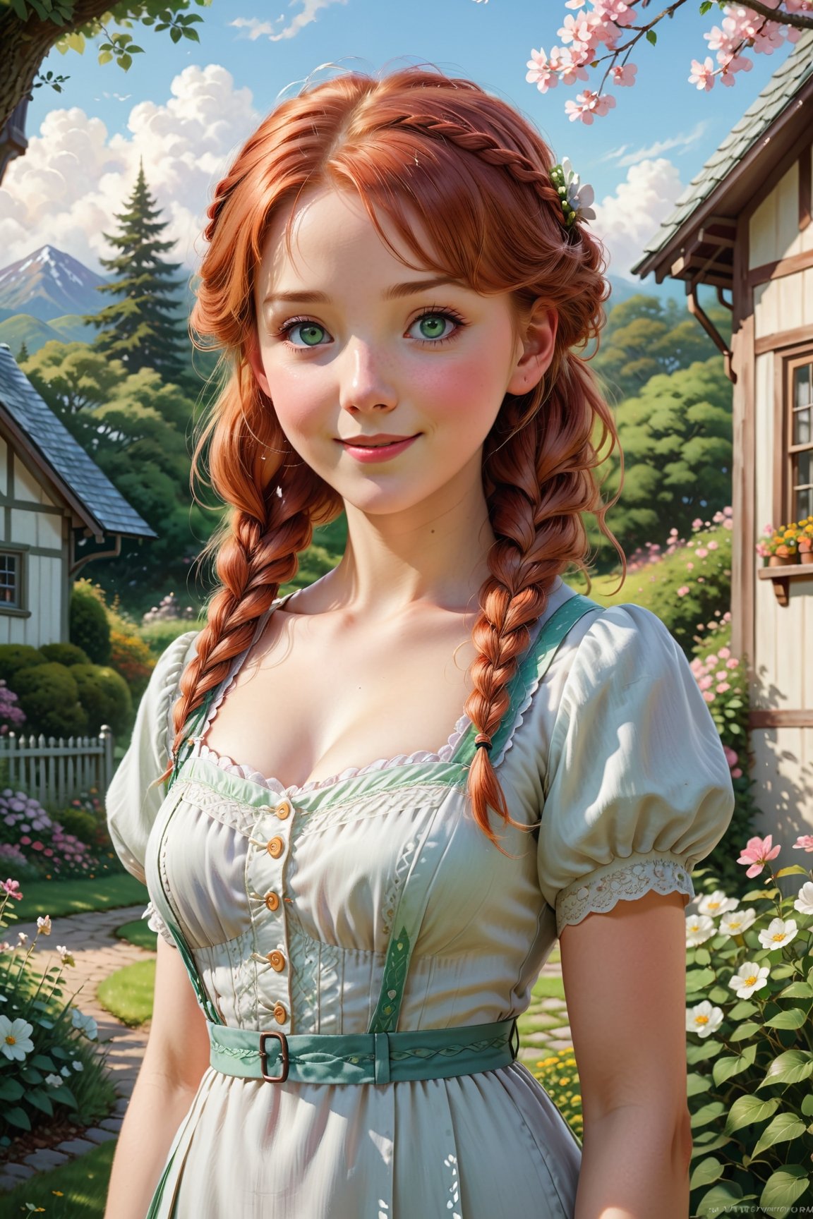 full body portrait of ((Anne from Green Gables)), (styled in Japanese animation, highly detailed:1.4), (highly detailed face:1.8), detailed and captivating smile, vibrant red hair and expressive green eyes, Side braid, vintage-style dress, standing amidst a picturesque garden, surrounded by blooming flowers and lush greenery, soft sunlight casting a warm glow on her face and illuminating her delicate features, a sense of nostalgia and innocence in the air, a small cottage in the background, painted in pastel hues, reminiscent of a bygone era, medium: oil painting, detailed brushstrokes adding depth and realism, (best quality, highres), ultra-detailed, (photorealistic:1.37), vivid colors, dreamy and whimsical artistic style, (slim body, small breasts, small hips:1.5), (soft cinematic lighting, volumetric shadows),