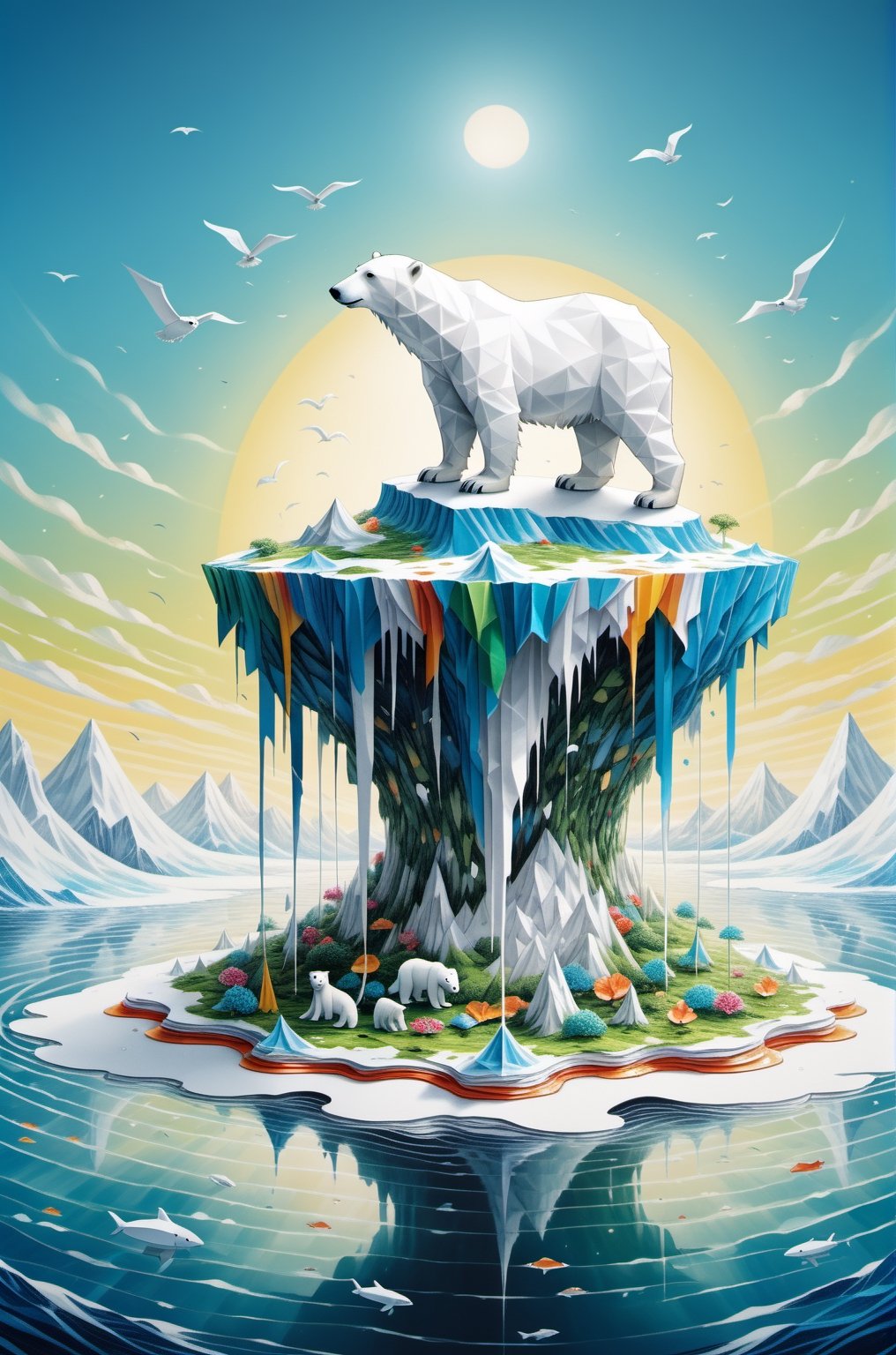 ("SAVE OUR PLANET" text logo: 1.3), Origami, dripping paint, White Polar Bear standing on a tiny island made of waste in a vast ocean, full body portrait, wide scale lens,aw0k magnstyle,detailmaster2,Movie Still,TEXT LOGO