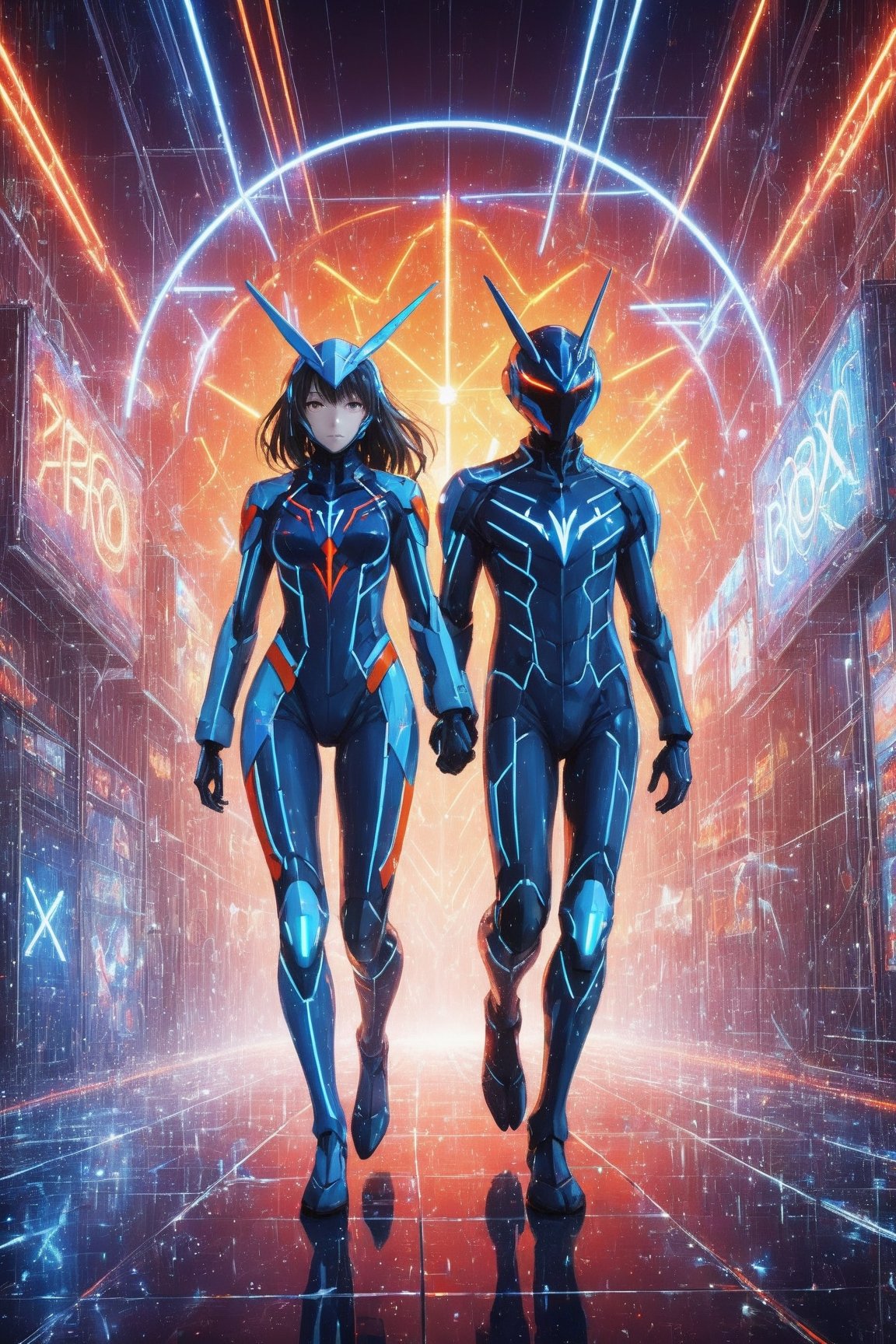 Ultra detailed illustration of an adult couple wearing plugsuits,  neon lights,  light particles by miramura101 on Tensor.Art