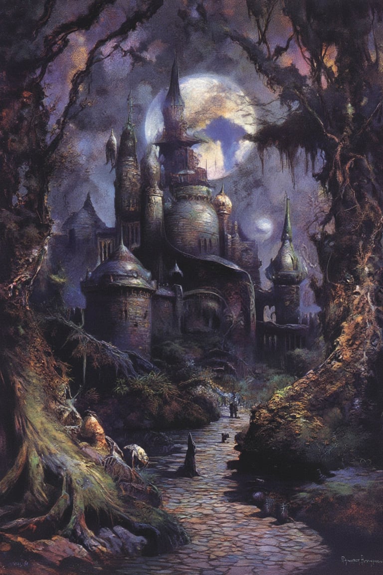 Masterpiece, professional, award-winning, intricate details, ultra high detailed, 64k, dramatic light, volumetric light, Enchanting, dreamy watercolor depiction of a fairytale castle nestled in a lush forest, photorealistic, magical, fantasy, majestic, ethereal, mystical, enchantment, medieval architecture, secret gardens, enchanting pathways, moonlit ambiance, storybook charm,FANTASY,OIL,PAINTING,IN,THE,STYLE,OF FR4Z3TT4