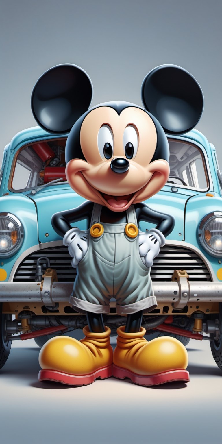 "A masterpiece illustration of Mickey Mouse as a skilled Mechanic fixing a car,  showcasing perfect body proportions and a...