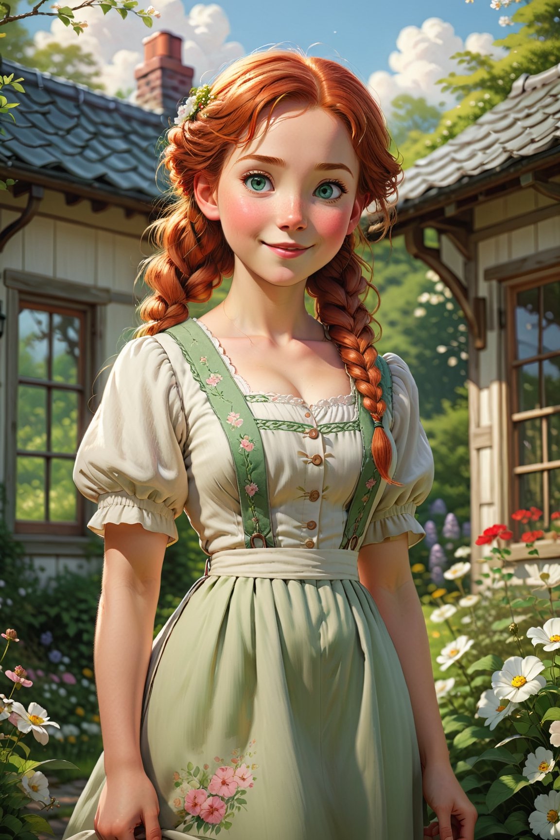 full body portrait of ((Anne from Green Gables)), (styled in Japanese animation, highly detailed:1.4), (highly detailed face:1.8), detailed and captivating smile, vibrant red hair and expressive green eyes, Side braid, vintage-style dress, standing amidst a picturesque garden, surrounded by blooming flowers and lush greenery, soft sunlight casting a warm glow on her face and illuminating her delicate features, a sense of nostalgia and innocence in the air, a small cottage in the background, painted in pastel hues, reminiscent of a bygone era, medium: oil painting, detailed brushstrokes adding depth and realism, (best quality, highres), ultra-detailed, (photorealistic:1.37), vivid colors, dreamy and whimsical artistic style, (slim body, small breasts, small hips:1.5), (soft cinematic lighting, volumetric shadows),