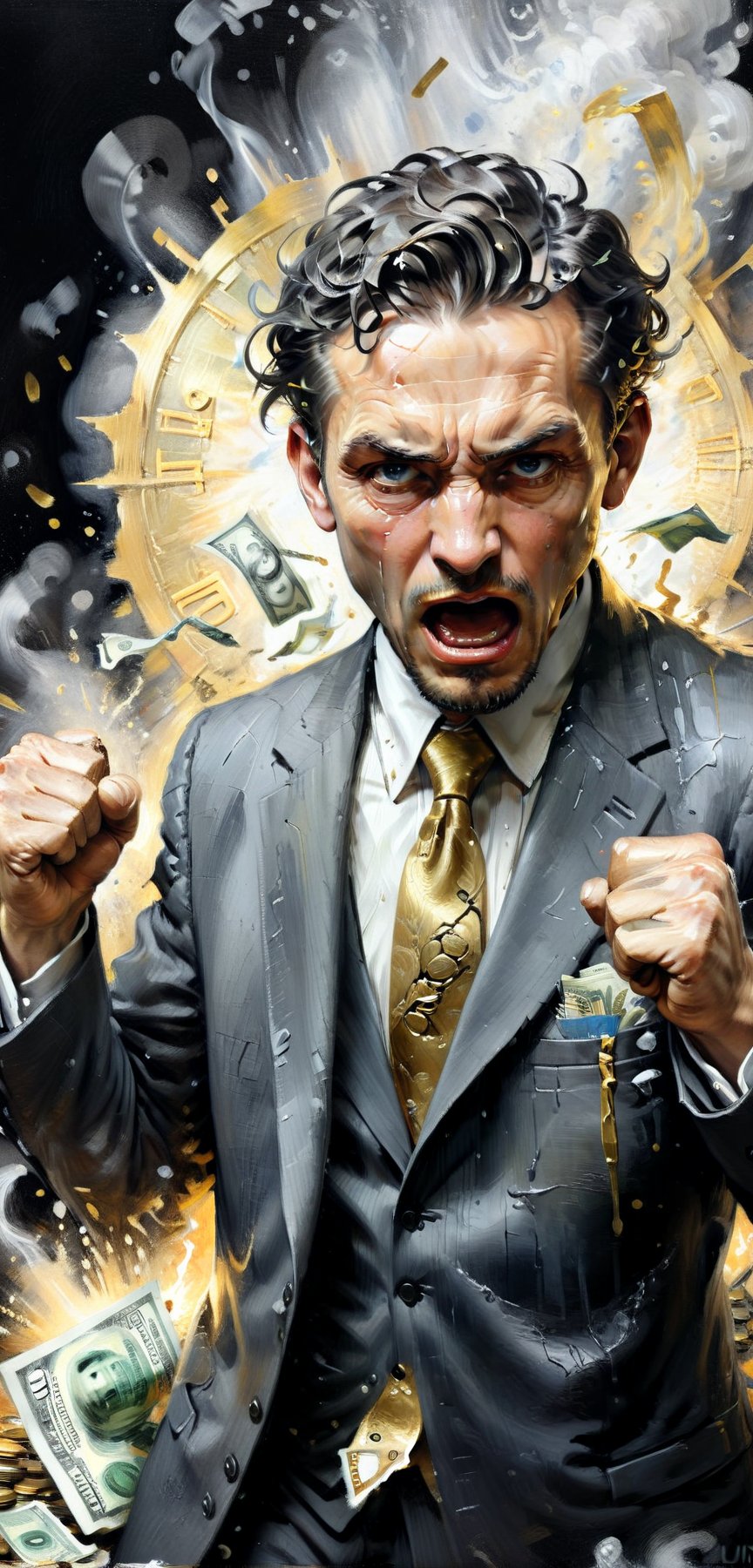 Best quality, Masterpiece, Ultra High Resolution, (Realistic:1.37), Man fighting money, Oil Painting, Harsh brush strokes, Dramatic Lighting, intense expression, Determined eyes, hold fists, sweat dripping down his face, Wrinkled suit, broken chains, Crumbling dollar bills, Crumbling Stock Market Graph, Smoke rises in the background, Black and white with a touch of gold, Realism. (Best Quality, hight resolution, Ultra-detailed), (Realistic:1.37), Professional, Vivid colors. highly detailed, lifelike, photorealistic, (extremely detailed CG unity 8k walpaper), artstation, illustration, smooth, sharp focus, trending CGSociety, by midjourney, art style of Krenz Cushart and Artem Demura and Alphonse Mucha, (midjourney style),highly detailed, lifelike, photorealistic, score_9,score_8_up,score_7_up,score_6_up,impressionist painting,inkpunk three colors only