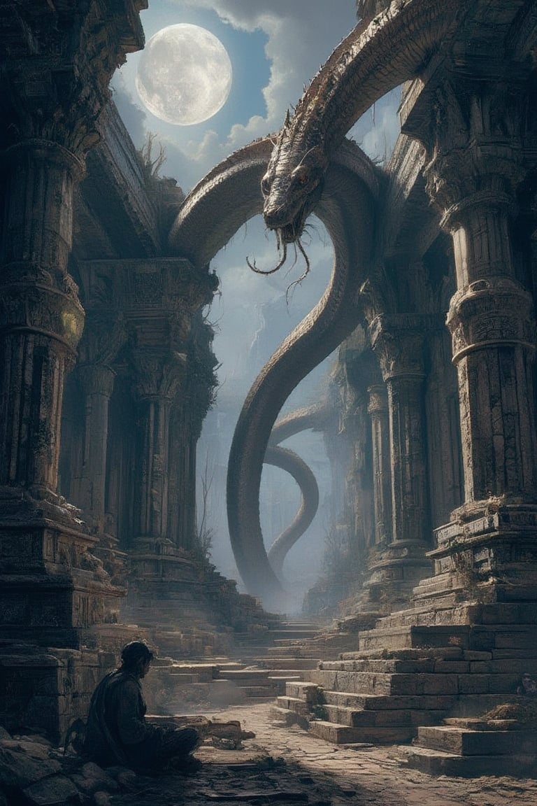 Masterpiece, professional, award-winning, intricate details, ultra high detailed, 64k, dramatic light, volumetric light, Enigmatic, moonlit ruins with ancient giant snake and ethereal wisps, photorealistic, mystical, ancient civilization, mythical guardians, mysterious atmosphere, (enigmatic beauty:1.3), overgrown vines, lost history, whispered echoes, hidden knowledge, time-worn stones, mystical remnants, 8k,ek_art_b00ster,anime,illustrated,Enhanced all,Fantasy detailers 