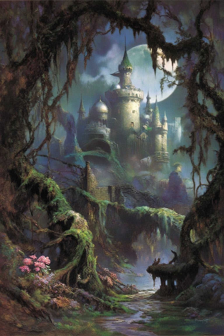 Masterpiece, professional, award-winning, intricate details, ultra high detailed, 64k, dramatic light, volumetric light, Enchanting, dreamy watercolor depiction of a fairytale castle nestled in a lush forest, photorealistic, magical, fantasy, majestic, ethereal, mystical, enchantment, medieval architecture, secret gardens, enchanting pathways, moonlit ambiance, storybook charm,FANTASY,OIL,PAINTING,IN,THE,STYLE,OF FR4Z3TT4