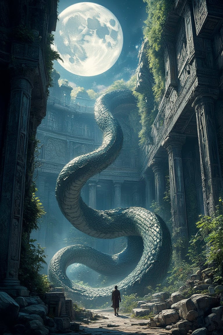 Masterpiece, professional, award-winning, intricate details, ultra high detailed, 64k, dramatic light, volumetric light, Enigmatic, moonlit ruins with ancient giant snake and ethereal wisps, photorealistic, mystical, ancient civilization, mythical guardians, mysterious atmosphere, (enigmatic beauty:1.3), overgrown vines, lost history, whispered echoes, hidden knowledge, time-worn stones, mystical remnants, 8k,ek_art_b00ster,anime,illustrated,Enhanced all,Fantasy detailers 