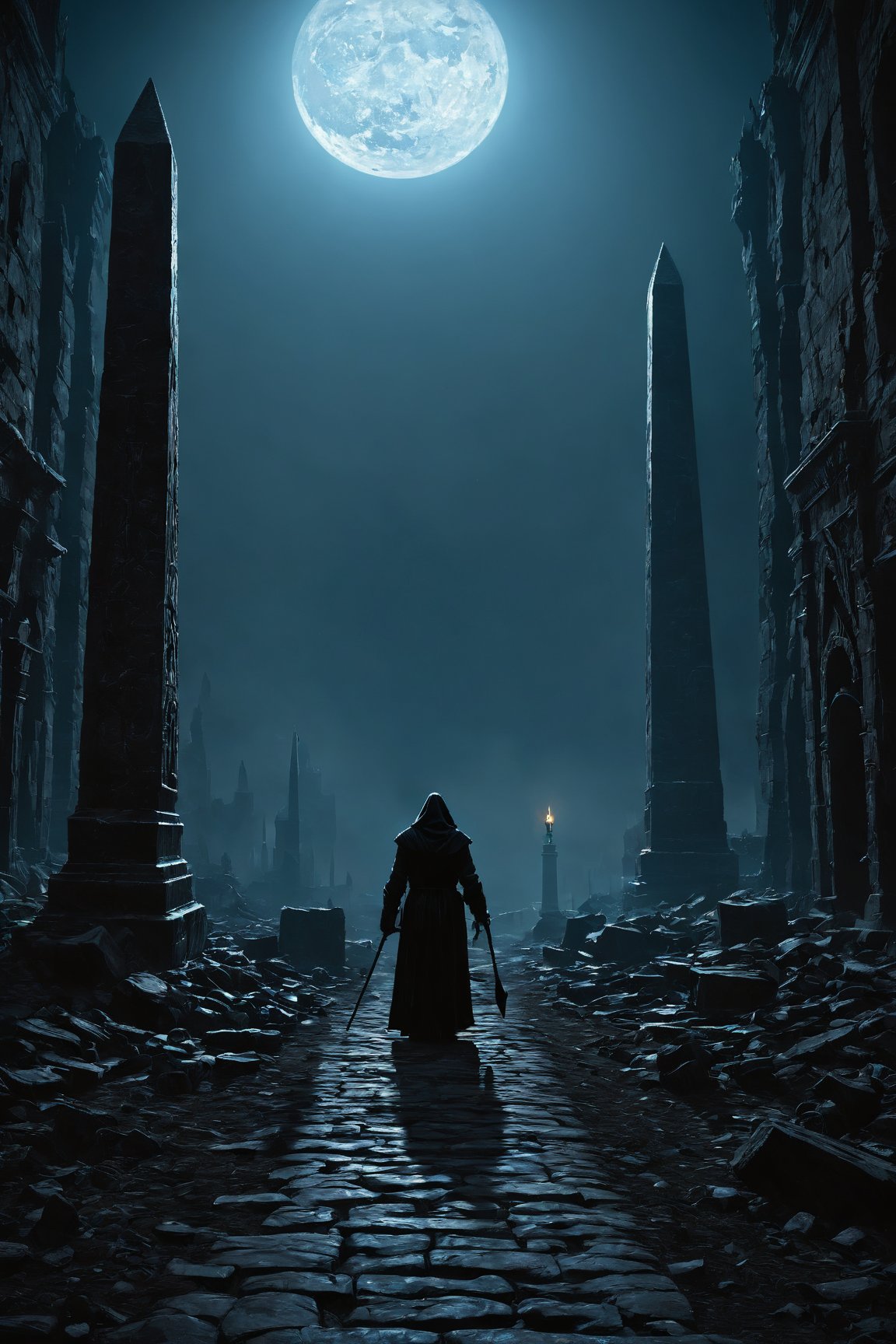  ((masterpiece)), ((best quality)), high detailed, ultra-detailed, indie game style "a ravaged cityscape of charred archways and twisted spires looms before a lone figure, an old mystic with sunken eyes and tattered black robes, as she stalks along a cracked path shrouded in sulfurous haze. the air is heavy with the scent of damp earth and decay, and the flickering torches that line the path cast eerie shadows on the ground. in the distance, the celestial obelisk rises like a monolith from the shadowlands, its burnished bronze surface etched with cryptic glyphs that seem to absorb the faint moonlight. the obelisk's rough hewn stones whisper secrets of forgotten knowledge to those who dare approach, as if the very essence of the unknown has converged within this forsaken city, beckoning seekers of truth and mystery to unravel its enigmatic heart." . creative, innovative, personal storytelling, unique art styles,Movie Still,greg rutkowski