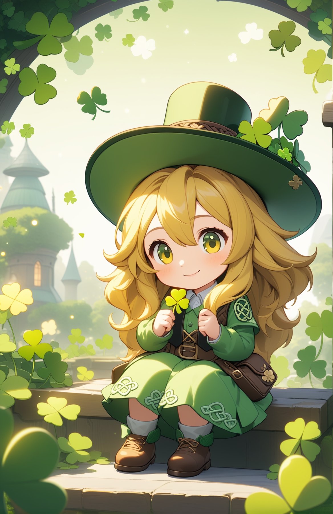 (best quality:1.3),(best masterpiece:1.3),super fine illustration,vibrant colors,official art,8k wallpaper,(((masterpiece))), (((best quality))), ((ultra-detailed)), (illustration), (detailed light),((an extremely delicate and beautiful)), (solo dwarf girl), smiling, (yellow-color hair, hair over eyes:1.3), sitting, wariza, holding a shamrock, (wearing oversized pointed hat with a Celtic shamrock pattern), (wearing yellow-green dwarf clothes), (shamrocks garden),cute doodle,IMGFIX,disney pixar style