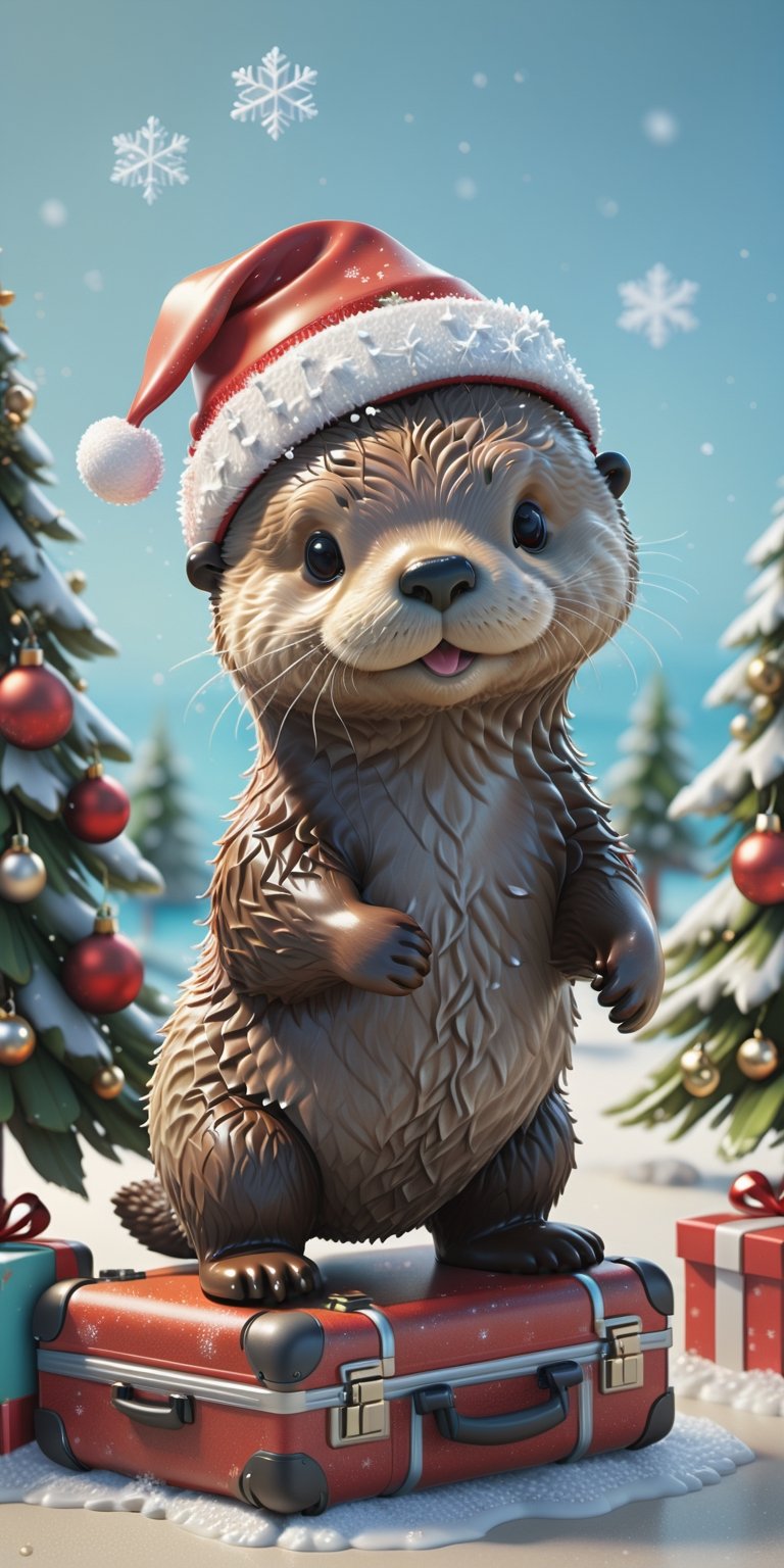 "A detailed illustration of a print of a cute sea otter standing under Christmas tree and it wear Santa hat pulling worn suitcase. snowflakes around cartoon style, christmas theme, showcasing perfect body proportions and a flawlessly detailed head, in high definition.", 3d, C4D, mixer, Octane rendering, Masterpieces in pastel colors, Soft material, Best Quality, super detaill, High Quality, 4k, (3d, cute, chibi style), ((perfect high detailed image)),