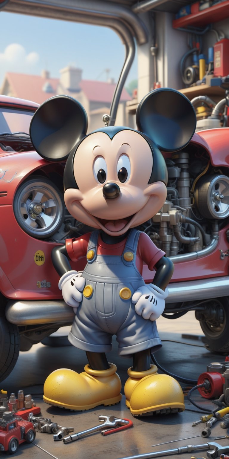 "A masterpiece illustration of Mickey Mouse as a skilled Mechanic fixing a car,  showcasing perfect body proportions and a...
