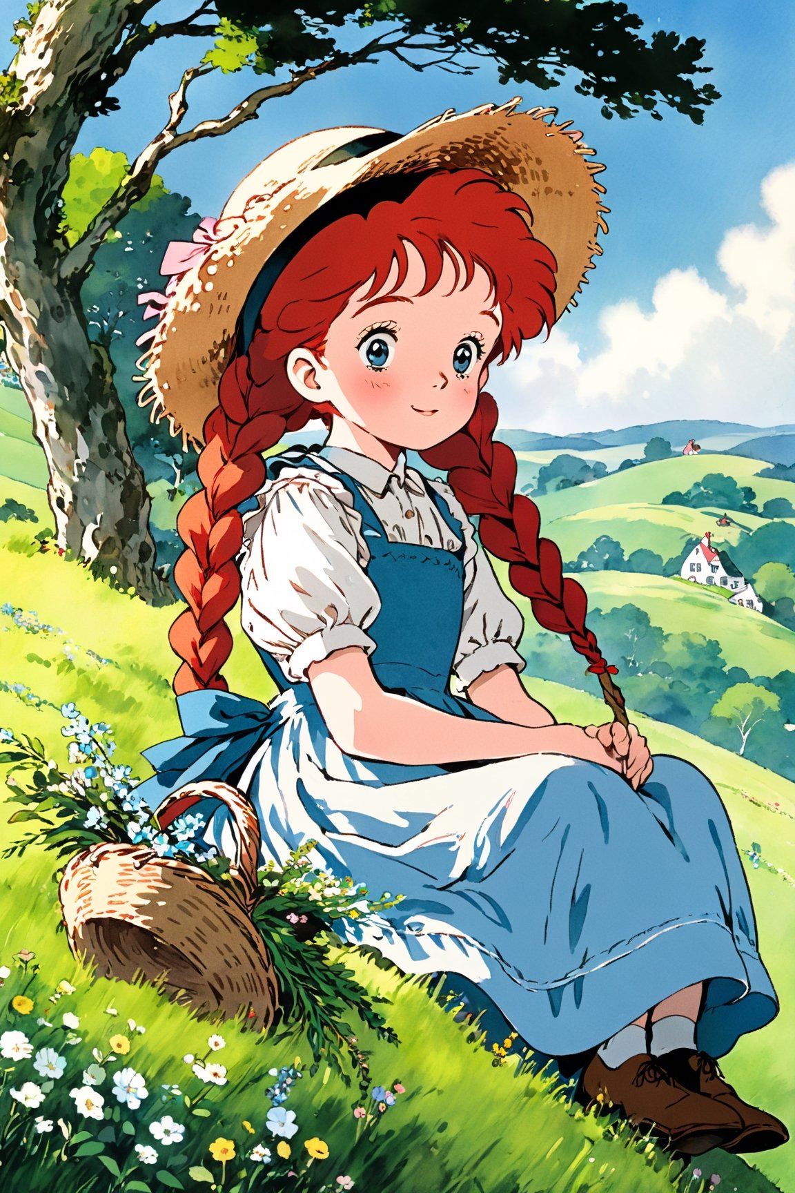 (masterpiece, best quality),from side, 1girl, solo, After searching for hours, They find a Anne (Green Gables)), Red-haired girl, With a wide-brim straw hat, two long red braids, Curious big eyes, Innocent, Joyful look, wear a floral pioneer dress with an apron,sitting on a branch sticking out of a hill,Anime,Enhanced All,ghibli,illustrator,sticker design