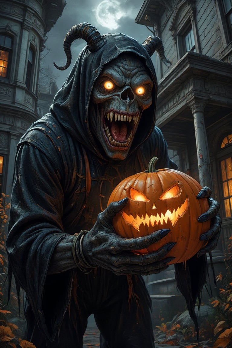 Masterpiece, professional, award-winning, intricate details, ultra high detailed, 64k, dramatic light, volumetric light, create an image of a menacing Jack-o'-Lantern in a Halloween costume, lurking outside a haunting house, clutching a pumpkin in its gnarled claws. The Jack-o'-Lantern's custom is a nightmarish creation, with tattered fabric, sharp fangs, and glowing eyes that pierce through the darkness. The haunting house looms behind, its weathered facade and broken windows adding to the eerie atmosphere. The pumpkin held by the monster is intricately carved with a wicked grin, its candlelight casting eerie shadows on the surroundings. photorealistic, realistic shadows. Showcasing incredible texture and detail. Rendered in high-quality, super-detailed textures. Meticulously illustrated. Adds creepy atmosphere in the image. 8k,ek_art_b00ster,anime,illustrated,Enhanced all