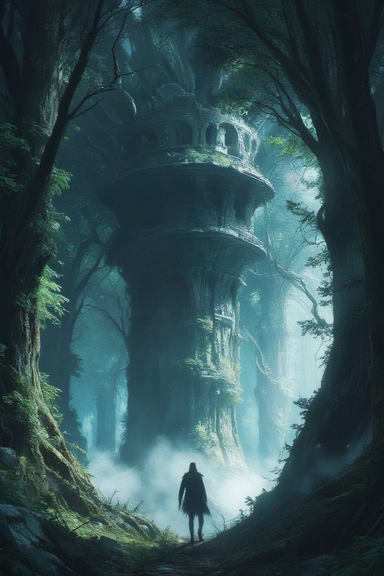 Masterpiece, professional, award-winning, intricate details, ultra high detailed, 64k, dramatic light, volumetric light, Enigmatic, mist-shrouded forest with ancient spirits and mystical fog, supernatural being, ghost of the past, photorealistic, magical, ethereal, mystical beings, atmospheric allure, enshrouded beauty, haunting ambiance:1.1, twisted roots, whispered secrets, hidden groves, elusive presence, mythical guardians, mystical tranquility, 8k,ek_art_b00ster,anime,illustrated,