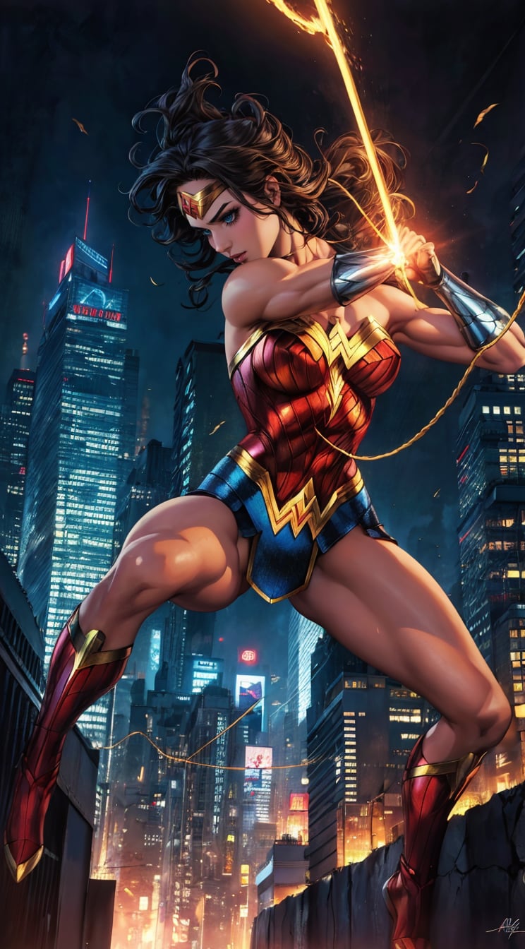 Generate a rough oil painting of Wonder Woman gracefully ((swinging through the gaps between skyscrapers)) (at night), ((flying)), using her ((Lasso of Truth)) as if she were Spider-Man. The golden glow emanating from the Lasso of Truth illuminates the scene like fluorescent lights. Capture her in a dynamic and stylish pose, reminiscent of Frank Miller's Sin City style. (field of depths,boheh backdrop),wonder_woman,artgerm,semi-realistic,Anime,highres,masterpiece