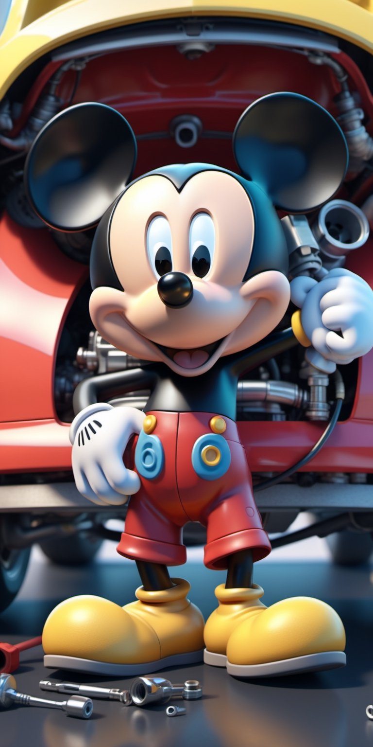 "A masterpiece illustration of Mickey Mouse as a skilled Mechanic fixing a car,  showcasing perfect body proportions and a...