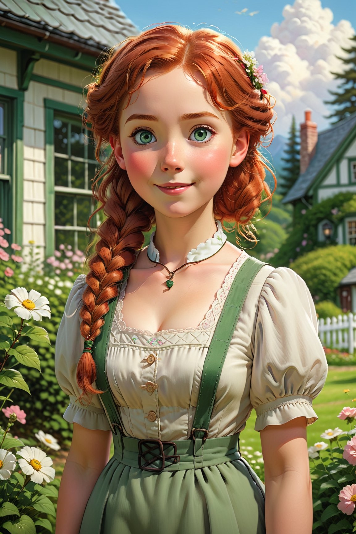 full body portrait of ((Anne from Green Gables:1.4)), (styled in Japanese animation, highly detailed:1.4), (highly detailed face:1.8), detailed and captivating smile, vibrant red hair and expressive green eyes, Side braid, vintage-style dress, standing amidst a picturesque garden, surrounded by blooming flowers and lush greenery, soft sunlight casting a warm glow on her face and illuminating her delicate features, a sense of nostalgia and innocence in the air, a small cottage in the background, retro Ghibli scene of Anne from Green Gables, reminiscent of a bygone era, medium: oil painting, detailed brushstrokes adding depth and realism, (best quality, highres), ultra-detailed, (photorealistic:1.37), vivid colors, dreamy and whimsical artistic style, (slim body, small breasts, small hips:1.5), (soft cinematic lighting, volumetric shadows),