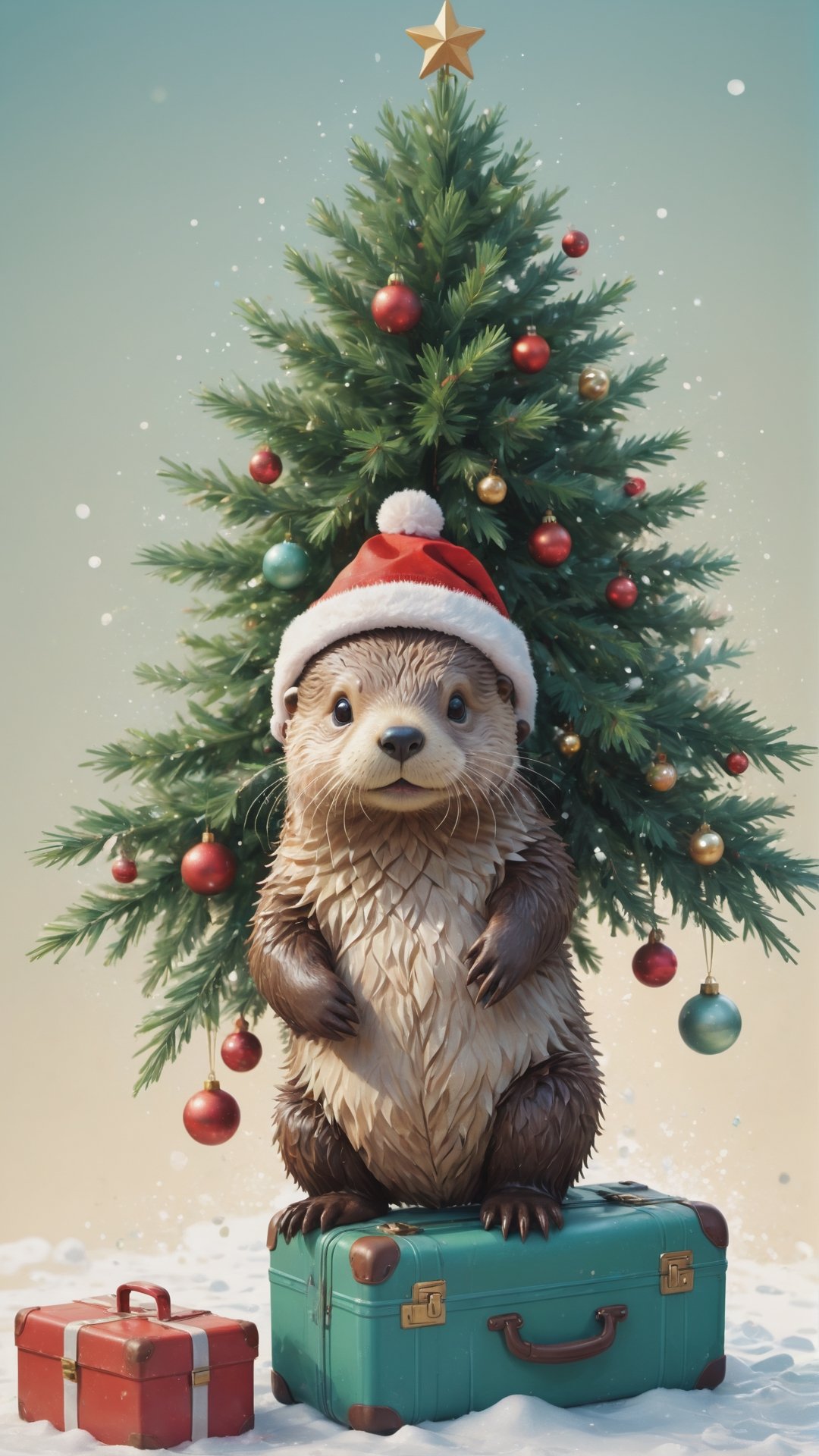 A detailed illustration of a print of a cute sea otter standing under Christmas tree and it wear Santa hat pulling worn suitcase, Christmas theme, hyper realistic high quality, t-shit desing graphic, vector, carton, contour, fantasy swirls splash, modern t-shirt design, in the style of Studio Ghibli, light white  red and green pastel tetradic colors, 3D vector art, cute and quirky, fantasy art, watercolor effect, bokeh, Adobe Illustrator, hand-drawn, digital painting, low-poly, soft lighting, bird's-eye view, isometric style, retro aesthetic, focusedon the character, 4K resolution, photorealistic rendering, usingCinema 4D, 