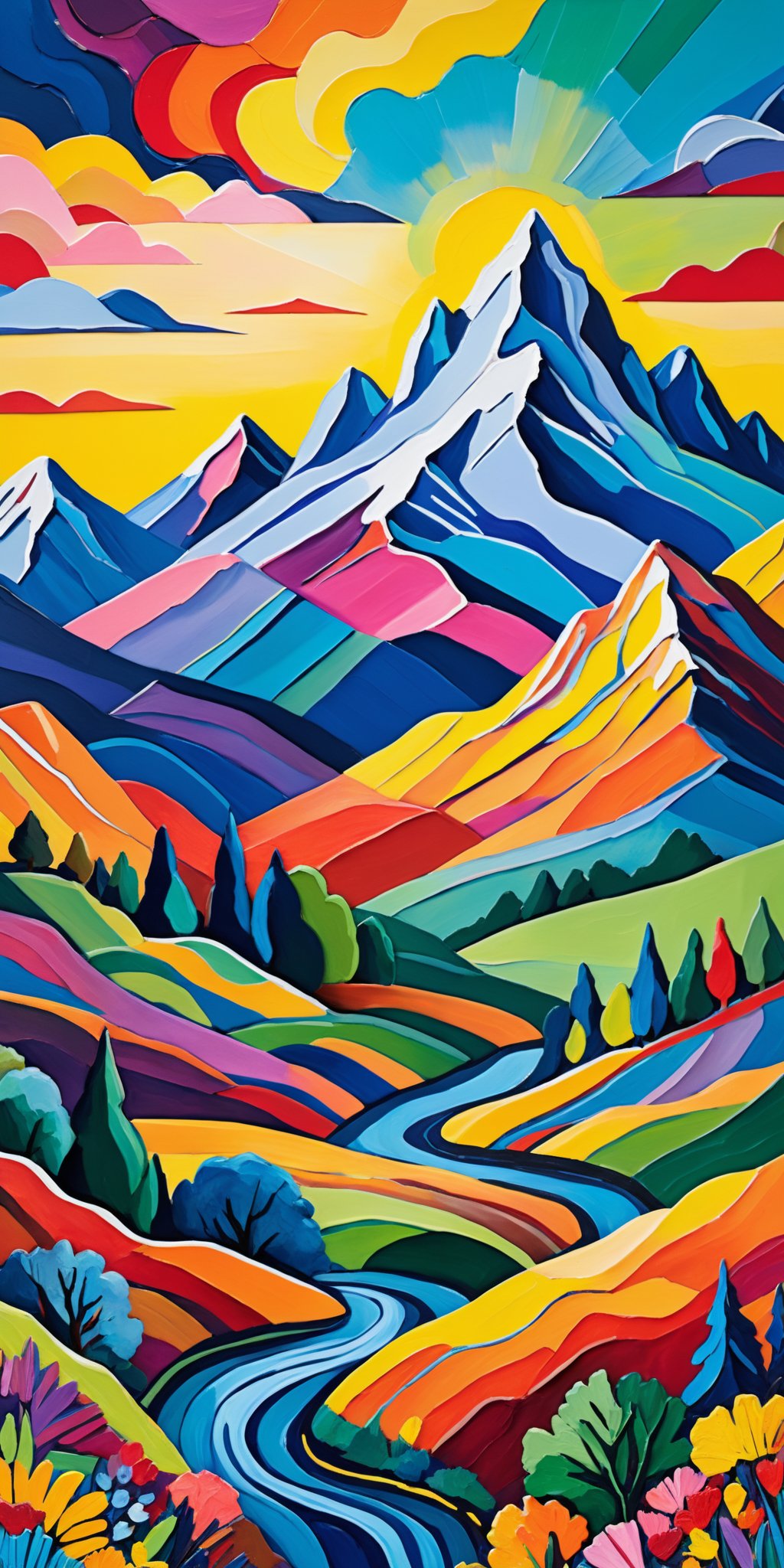 (((Masterpiece))), (((Best Quality))), ((Ultra-detailed)), (Best Illustration), paper mache representation of painting of a colorful landscape with a mountain in the background, a fine art painting inspired by william didier pouget, featured on shutterstock, neo fauvism, colorful landscape painting, vibrant gouache painting scenery, vivid landscape. 3d, sculptural, textured, handmade, vibrant, fun