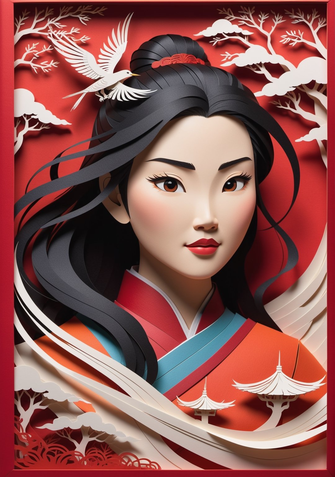 A mesmerizing paper-cut animation of the iconic tale of Mulan comes to life on the screen. Every delicate detail meticulously crafted out of paper unfolds before your eyes, showcasing the determined spirit of Mulan. The intricate paper scenes blend vibrant colors with the ancient art of papercutting, capturing Mulan's courage and determination as she goes against societal expectations to protect her family and honor. This enchanting animation captivates viewers with its exquisite precision and awe-inspiring artistry, immersing them in the compelling story of Mulan's heroic journey. (((Paper cutting art style))), high detail, high quality, high resolution, dramatically captivating, detailmaster2,Movie Still