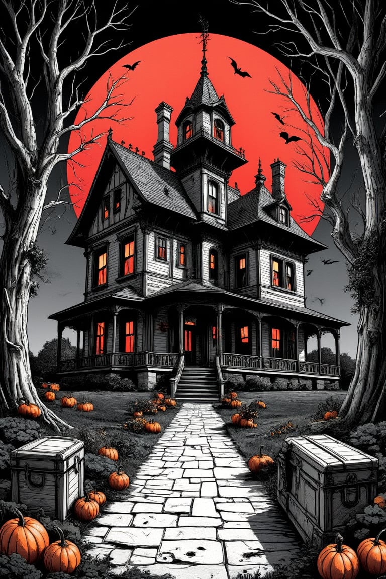 Masterpiece, professional, award-winning, intricate details, ultra high detailed, 64k, dramatic light, volumetric light, black and white, colouring book illustration style of spooky haunted house poster, pumpkins, bats, withered giant branches, red moon, ray tracing, stacked chests, haunted house in black and White. Showcasing incredible texture and detail. Rendered in high-quality, super-detailed textures. Meticulously illustrated. Adds ominous atmosphere in the image, 8k, ek_art_b00ster,anime,illustrated,FluxBoost,myvectorillustrations