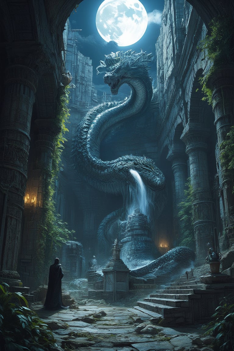 Masterpiece, professional, award-winning, intricate details, ultra high detailed, 64k, dramatic light, volumetric light, Enigmatic, moonlit ruins with ancient giant snake and ethereal wisps, photorealistic, mystical, ancient civilization, mythical guardians, mysterious atmosphere, (enigmatic beauty:1.3), overgrown vines, lost history, whispered echoes, hidden knowledge, time-worn stones, mystical remnants, 8k,ek_art_b00ster,anime,illustrated,Enhanced all,Fantasy detailers 