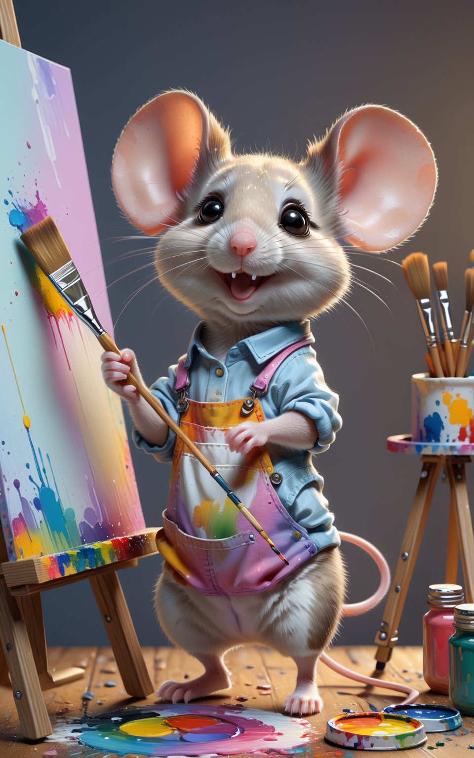 "A little mouse looking very cute. Mouse is working as an artist. Wearing typical clothes like a painter. Mouse looks very...