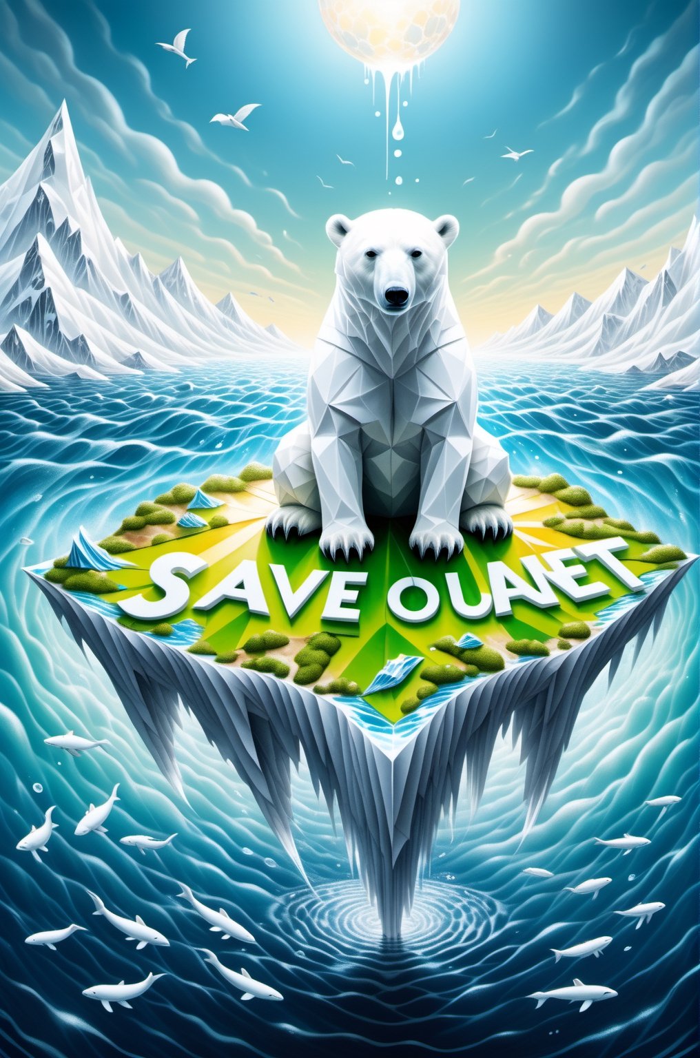 ("SAVE OUR PLANET" text logo: 1.3), Origami, dripping paint, White Polar Bear standing on a tiny island made of waste in a vast ocean, full body portrait, wide scale lens,aw0k magnstyle,detailmaster2,Movie Still,TEXT LOGO