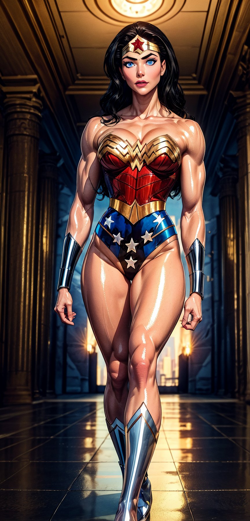 Wonder Woman, (Masterpiece), Best Quality, (Extremely detailed), (1Girl:1.4), ((beautiful blue eyes)), (black middle length wavy hair), Wonder Woman, (intricate details, makeup), (delicate and beautiful delicate face, delicate and beautiful delicate eyes, face with perfect proportions), (shiny skin: 1.2), delicate skin, strong and realistic blue eyes, realistic black hair, lips, makeup, natural skin texture, tiara, red and gold bustier, blue leotard with white stars, (silver Bracelets:1.2), red knee-high boots, golden belt, (Wonder Woman clothing:1.1), bare shoulders, ((light tanned skin:0.8)), mature, sexy, elastic muscles, (muscles: 1.2), ((strong and healthy body)), ((more) muscles))), cleavage, long legs, curves, (big breasts: 1.3), ribs, thin waist, soft waist, (delicate skin), (beautiful and sexy woman), (swollen lips: 0.9), (eyelashes: 1.2), very delicate muscles, perfect body, perfect anatomy, perfect details, perfect fingers, Perfect limbs, thigh gap, watercolor, professional, Bokeh, Decreased saturation, overlooking a (New York city skyline:1.2), overlooking a modern city, sky - high view, Sky view (on balcony), (City skylines view), ((night time:1.2)), ((from behind:1.5)), ((from below:1.5)), ((flying:1.3)), (masterpiece, best quality), ,semi-realistic,dwarfoil,wonder2,2.5D