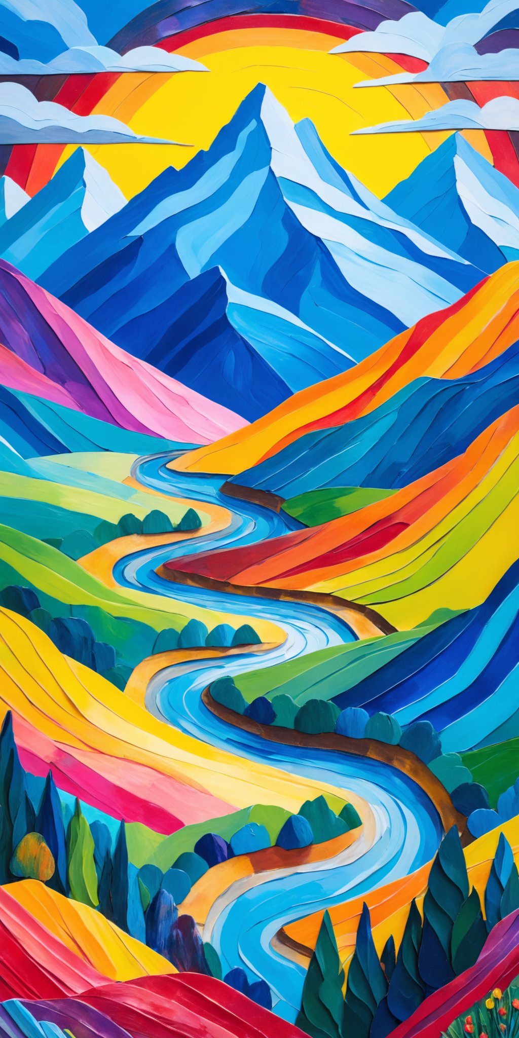 (((Masterpiece))), (((Best Quality))), ((Ultra-detailed)), (Best Illustration), paper mache representation of painting of a colorful landscape with a mountain in the background, a fine art painting inspired by william didier pouget, featured on shutterstock, neo fauvism, colorful landscape painting, vibrant gouache painting scenery, vivid landscape. 3d, sculptural, textured, handmade, vibrant, fun