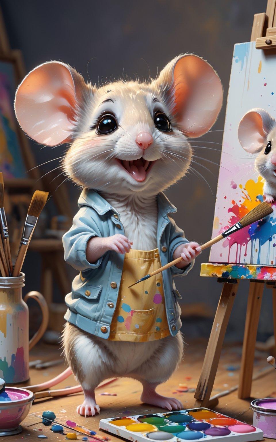 "A little mouse looking very cute. Mouse is working as an artist. Wearing typical clothes like a painter. Mouse looks very...