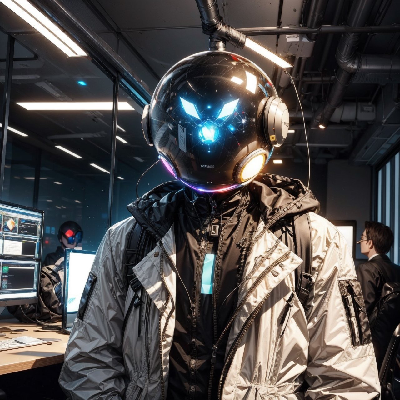 feature glowing sphere head, transparent head, sole_male, suited man, cybertech suit, office, multiple computers, wires, glowing displays, ,xx as head