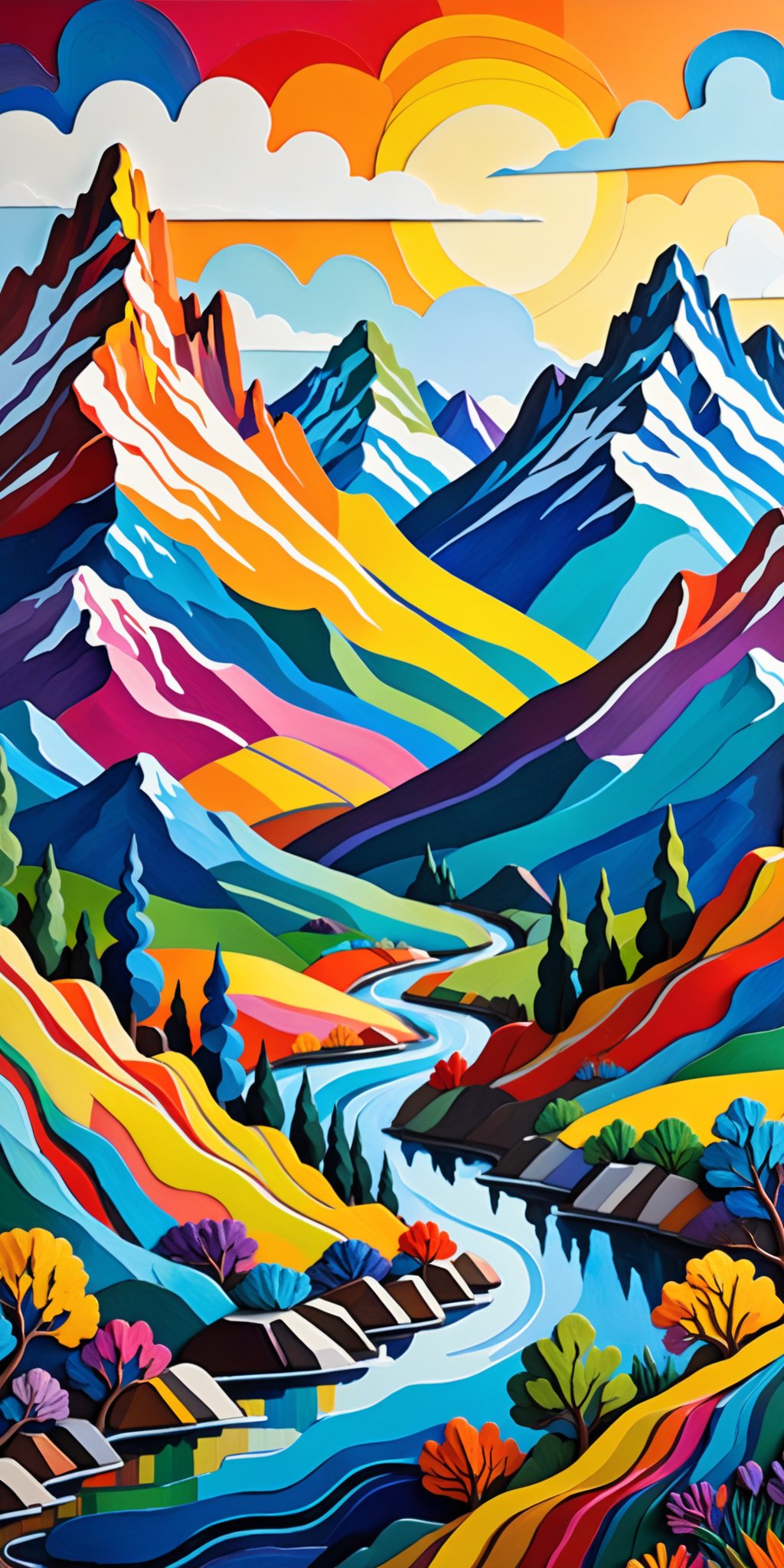 (((Masterpiece))), (((Best Quality))), ((Ultra-detailed)), (Best Illustration), paper mache representation of painting of a colorful landscape with a mountain in the background, a fine art painting inspired by william didier pouget, featured on shutterstock, neo fauvism, colorful landscape painting, vibrant gouache painting scenery, vivid landscape. 3d, sculptural, textured, handmade, vibrant, fun