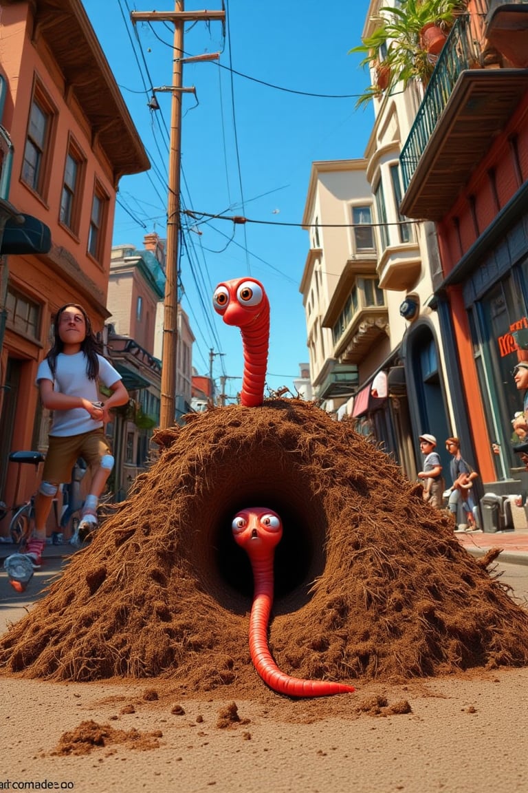 Create an image of a lively street in San Bernardino, featuring a small underground burrow where a tiny earthworm named "Stinker" is born. The scene should capture the vibrant atmosphere of San Bernardino, California, with narrow streets, old buildings, and a mix of human activity. In the background, there should be a subtle depiction of sounds or vibrations in the soil, as if the earth itself is echoing with words like "Stinker, how have you buried it?". The earthworm's burrow should appear cozy, with little hints that this is no ordinary earthworm. Funny scene with goofy face of earthworm is detailed and visible.,funny animals