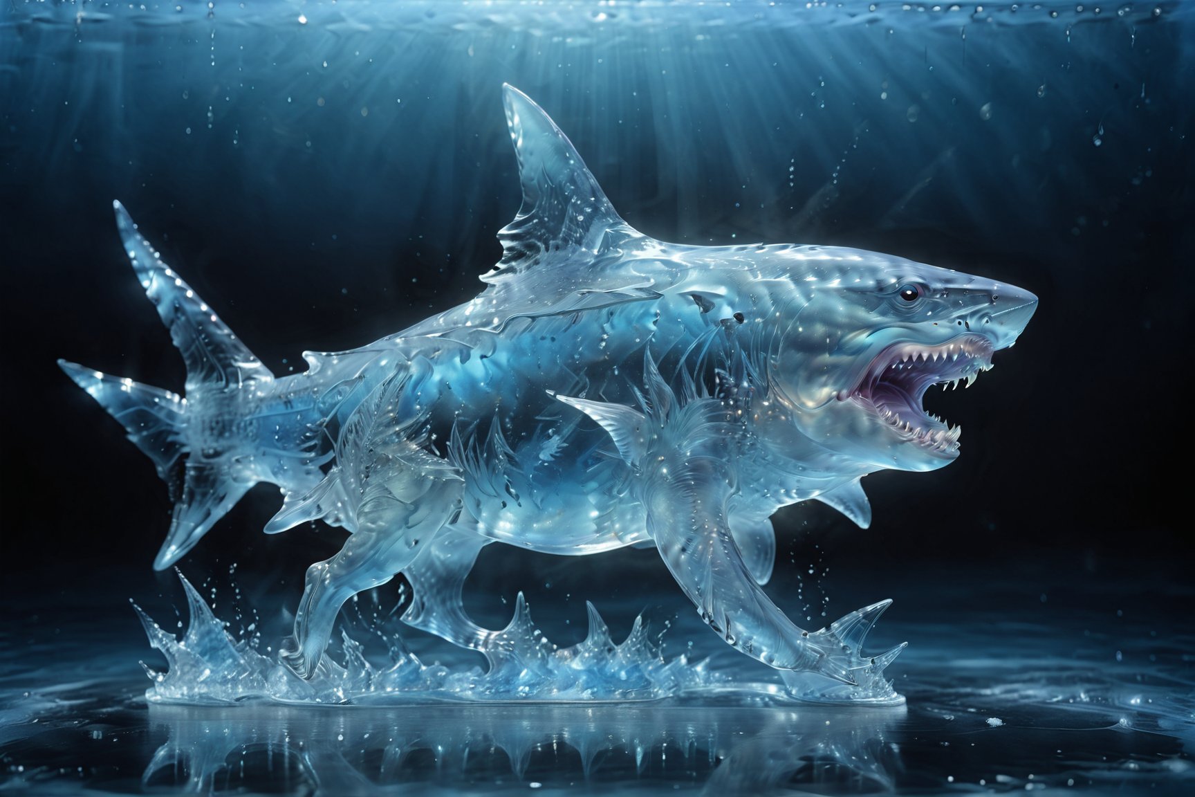 photo of a Great White Shark, a Shark (made_of_ice:1.3), in a water, modelshoot style, photo of the most beautiful artwork in the world, High Detail, Sharp focus,in the middle, full body, (closeup), best quality, glass art, magical holographic glow,xray