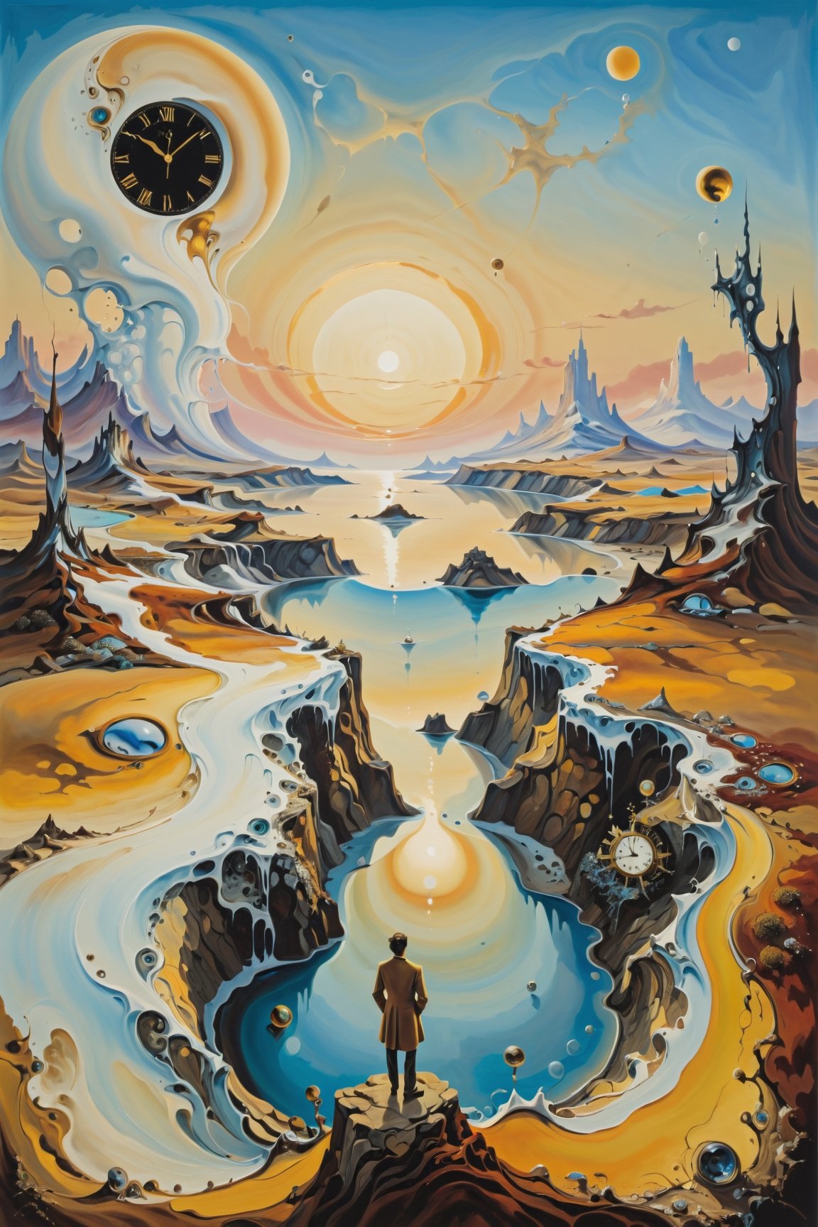 (Masterpiece), (Best Quality), (Ultra-detailed), Artistic painting, (Inspired by Salvador Dali's surrealist art), create a landscape with melting clocks, distorted figures, and a backdrop of swirling colors and shapes. The overall mood should be dreamlike and otherworldly. In the foreground, a man stands gazing out at the strange and wonderful scenery around him. His expression is one of fascination and curiosity, as if he's exploring a new world for the first time,