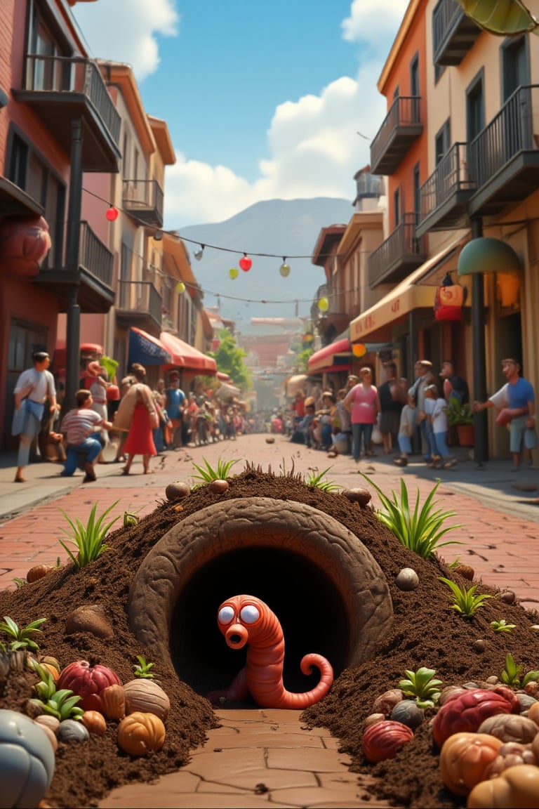 Create an image of a lively street in San Bernardino, featuring a small underground burrow where a tiny earthworm named "Stinker" is born. The scene should capture the vibrant atmosphere of San Bernardino, California, with narrow streets, old buildings, and a mix of human activity. In the background, there should be a subtle depiction of sounds or vibrations in the soil, as if the earth itself is echoing with words like "Stinker, how have you buried it?". The earthworm's burrow should appear cozy, with little hints that this is no ordinary earthworm. Funny scene with goofy face of earthworm is detailed and visible.,funny animals